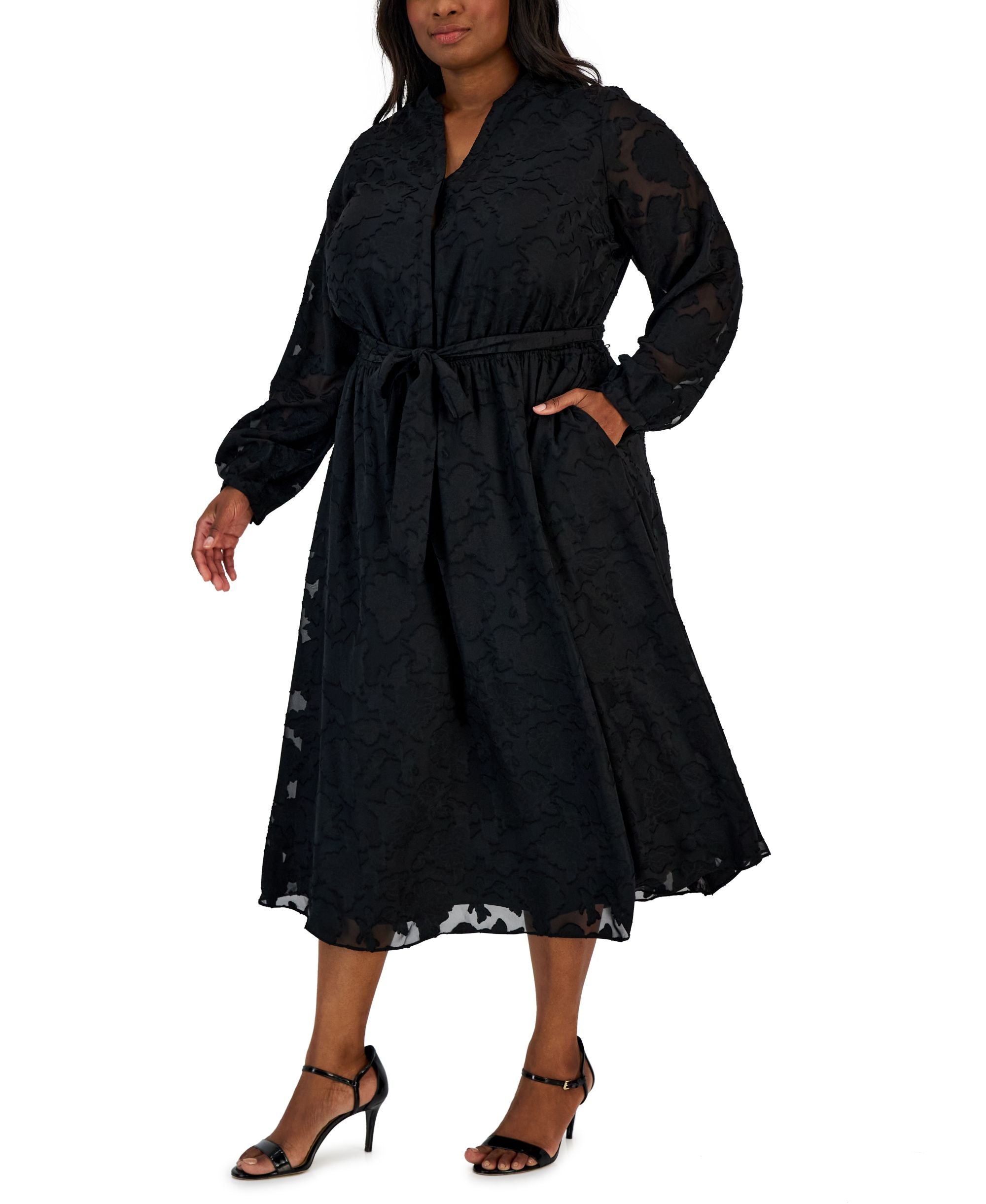 Alfani Plus Size Jacquard Belted Blouson Sleeve Dress