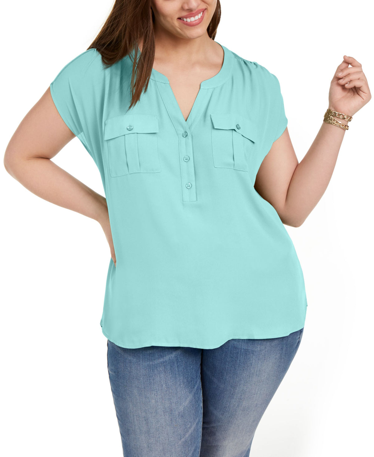 INC International Concepts Plus Size Woven Front V Neck Top