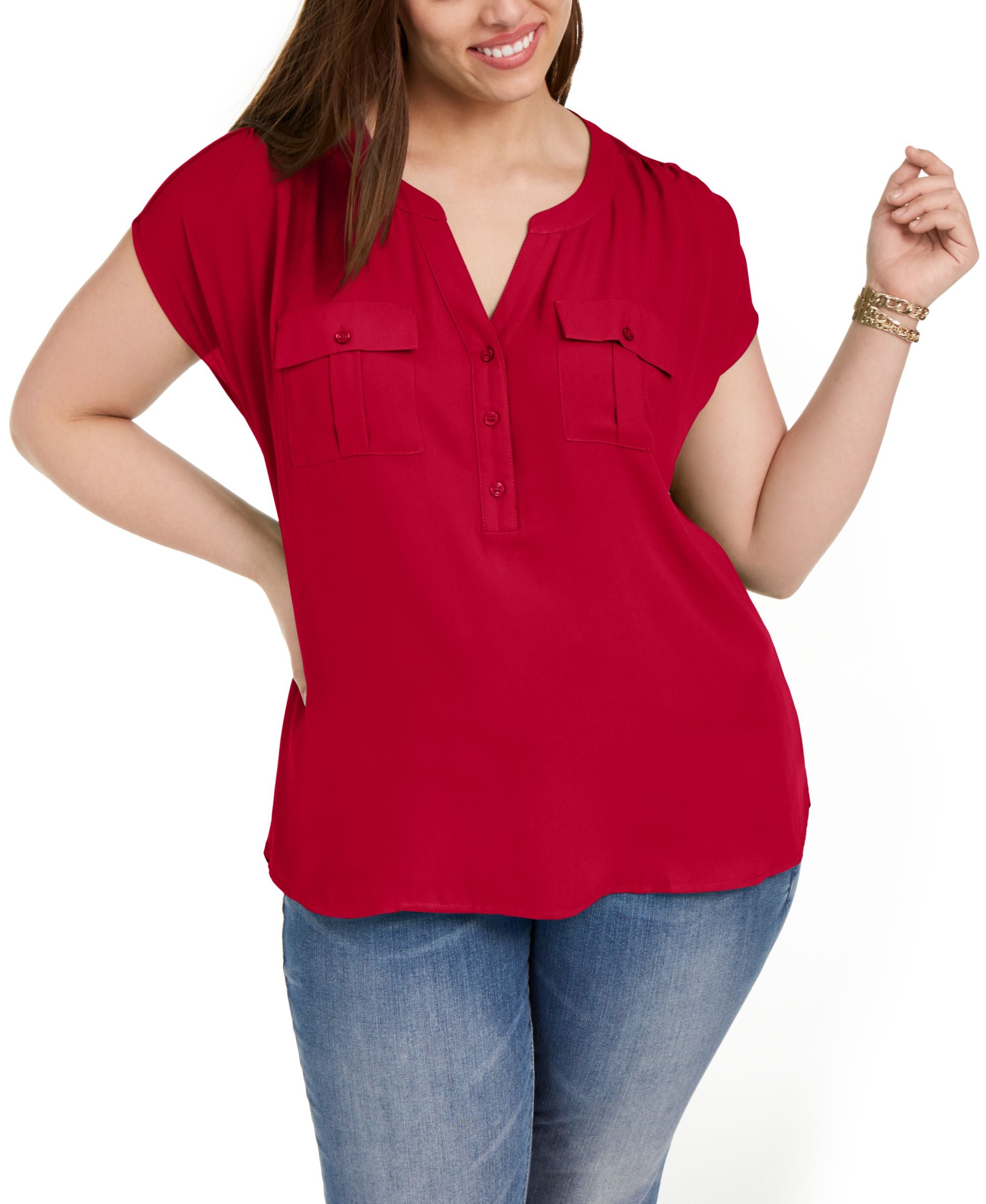 INC International Concepts Plus Size Woven Front V Neck Top