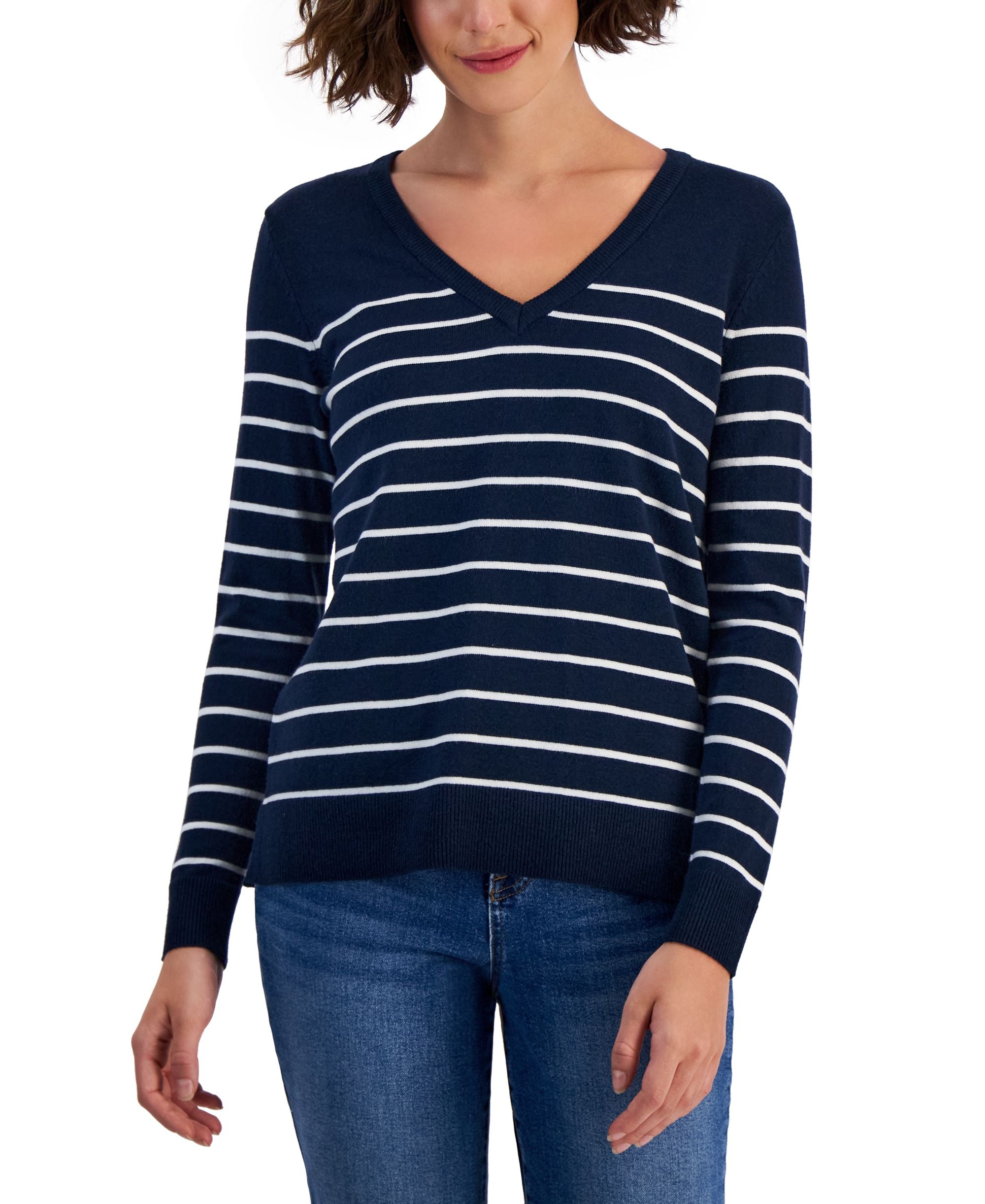 Style & Co Womens Striped V Neck Sweater
