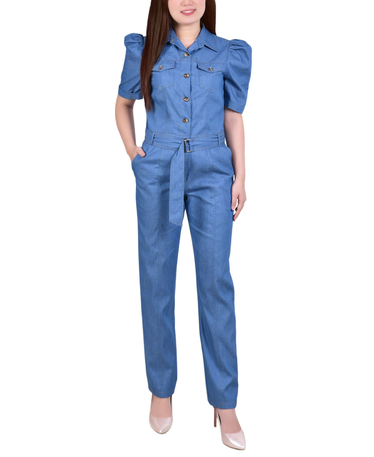 Petite Short Sleeve Belted Jumpsuit