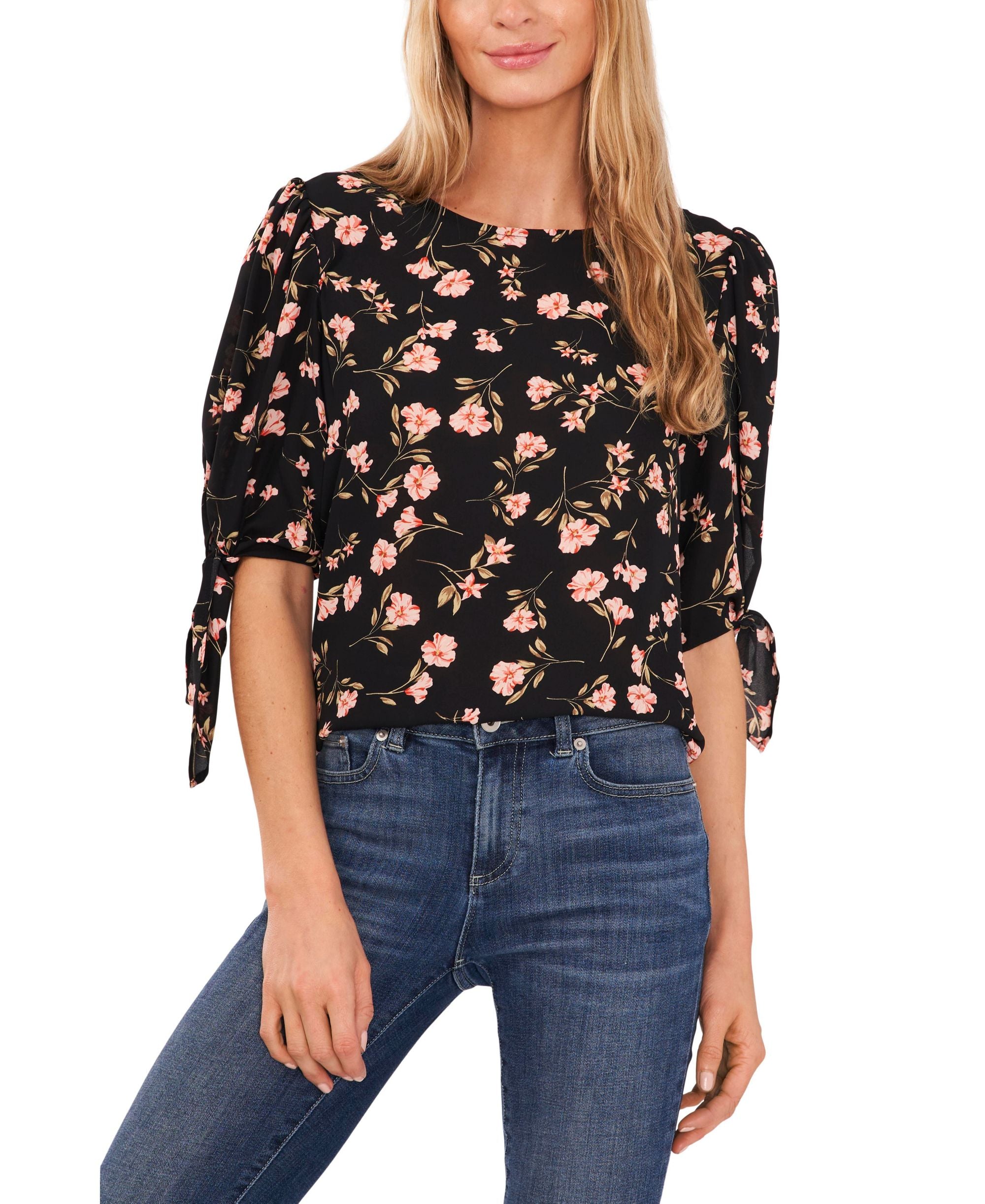 Women's Coastal Floral-Print Elbow Tie-Sleeve Blouse