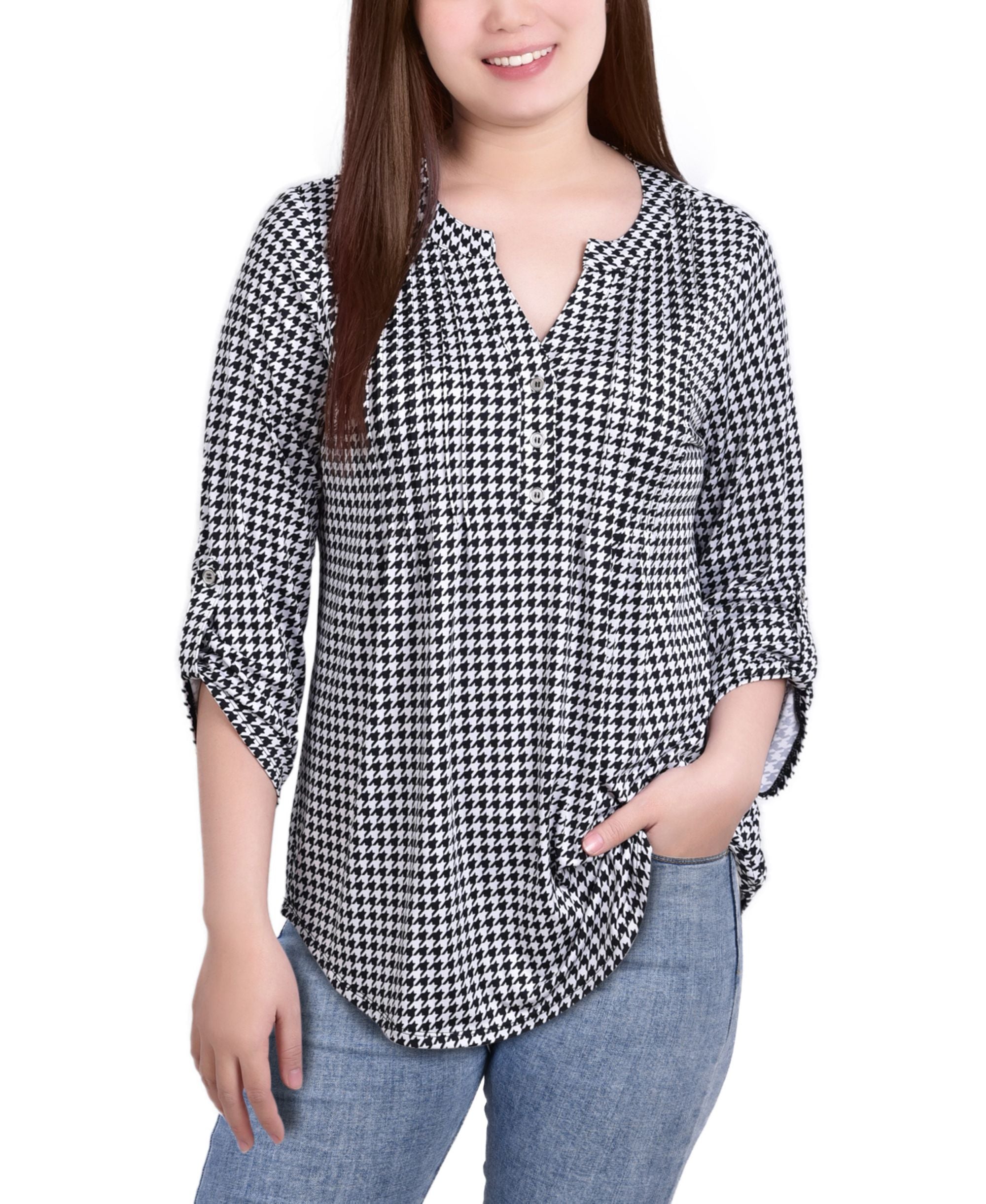 Petite Knit Jacquard 3/4 Sleeve Roll Tab Top