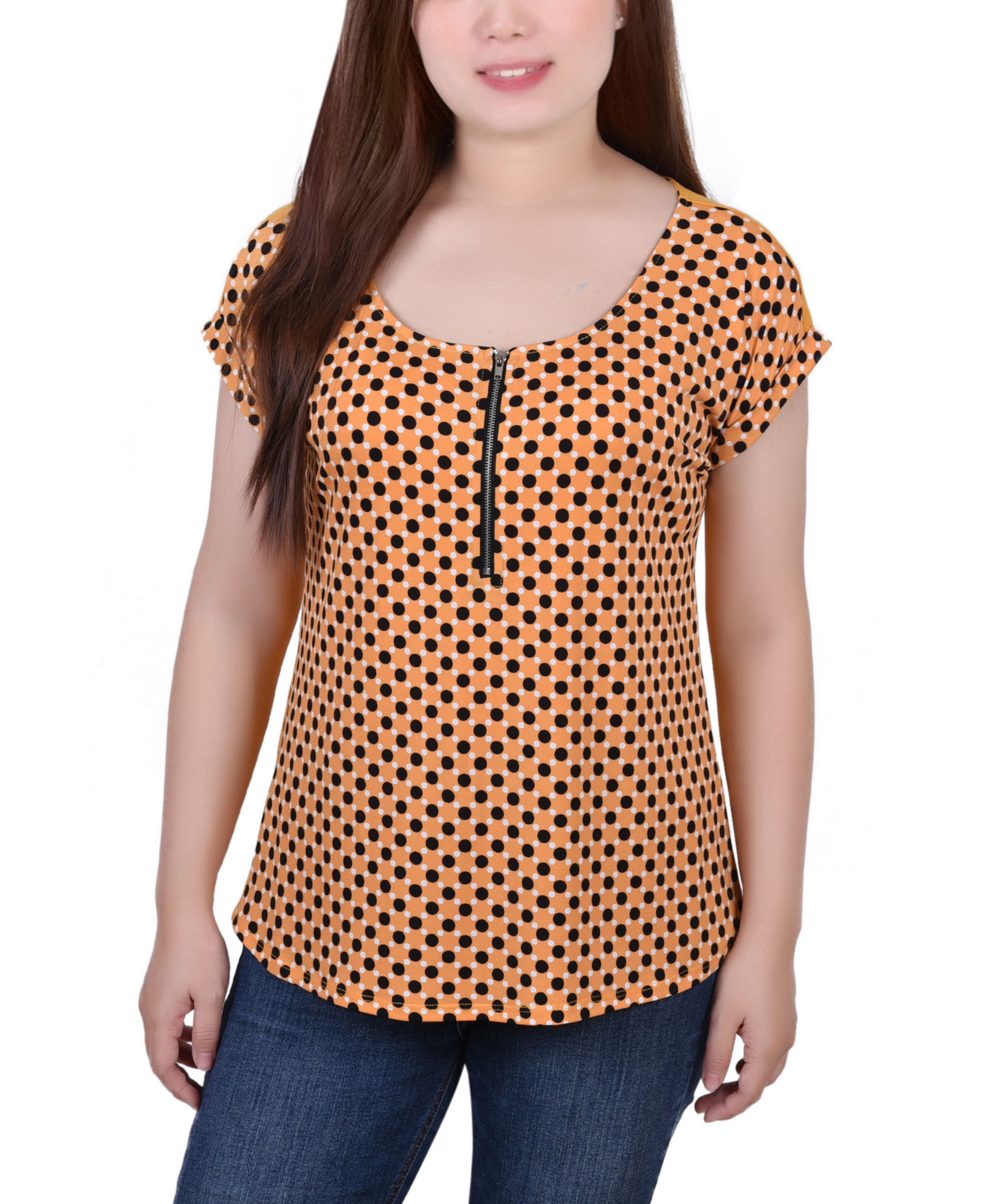 Petite Size Short Sleeve 1/2 Zip Knit Top