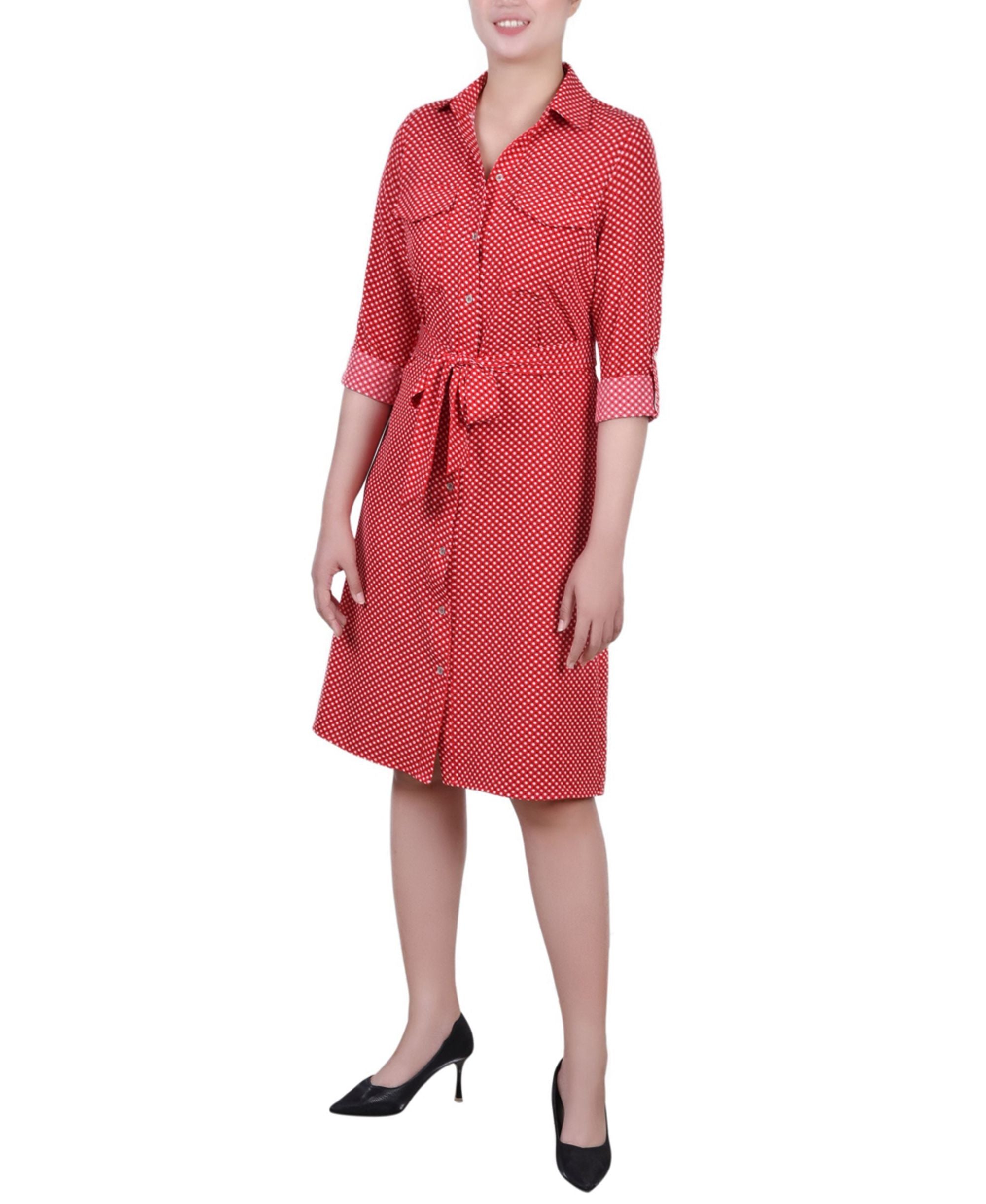Petite Printed Long Sleeve Roll Tab Shirtdress