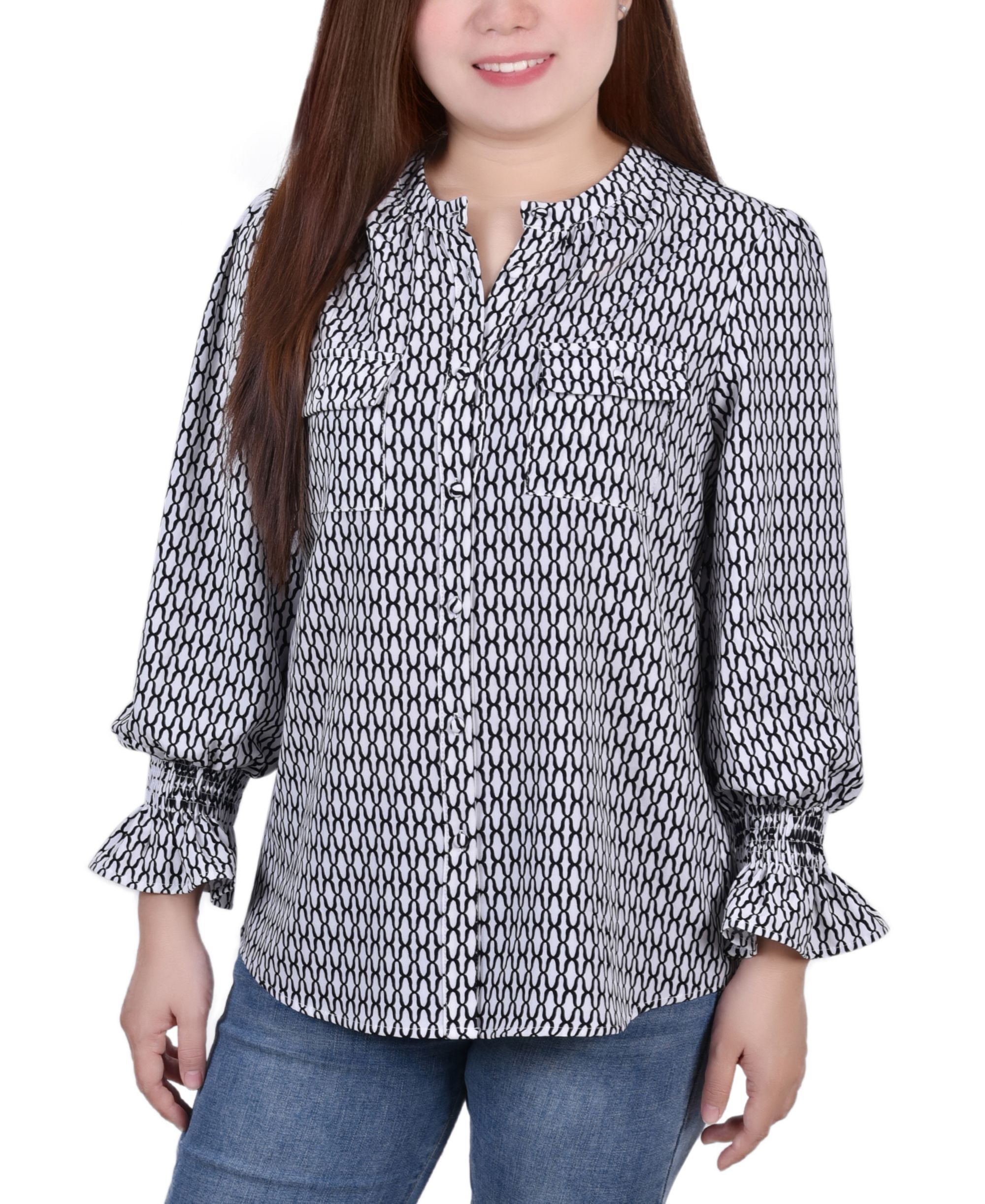 Petite Long Sleeve Y Neck Blouse