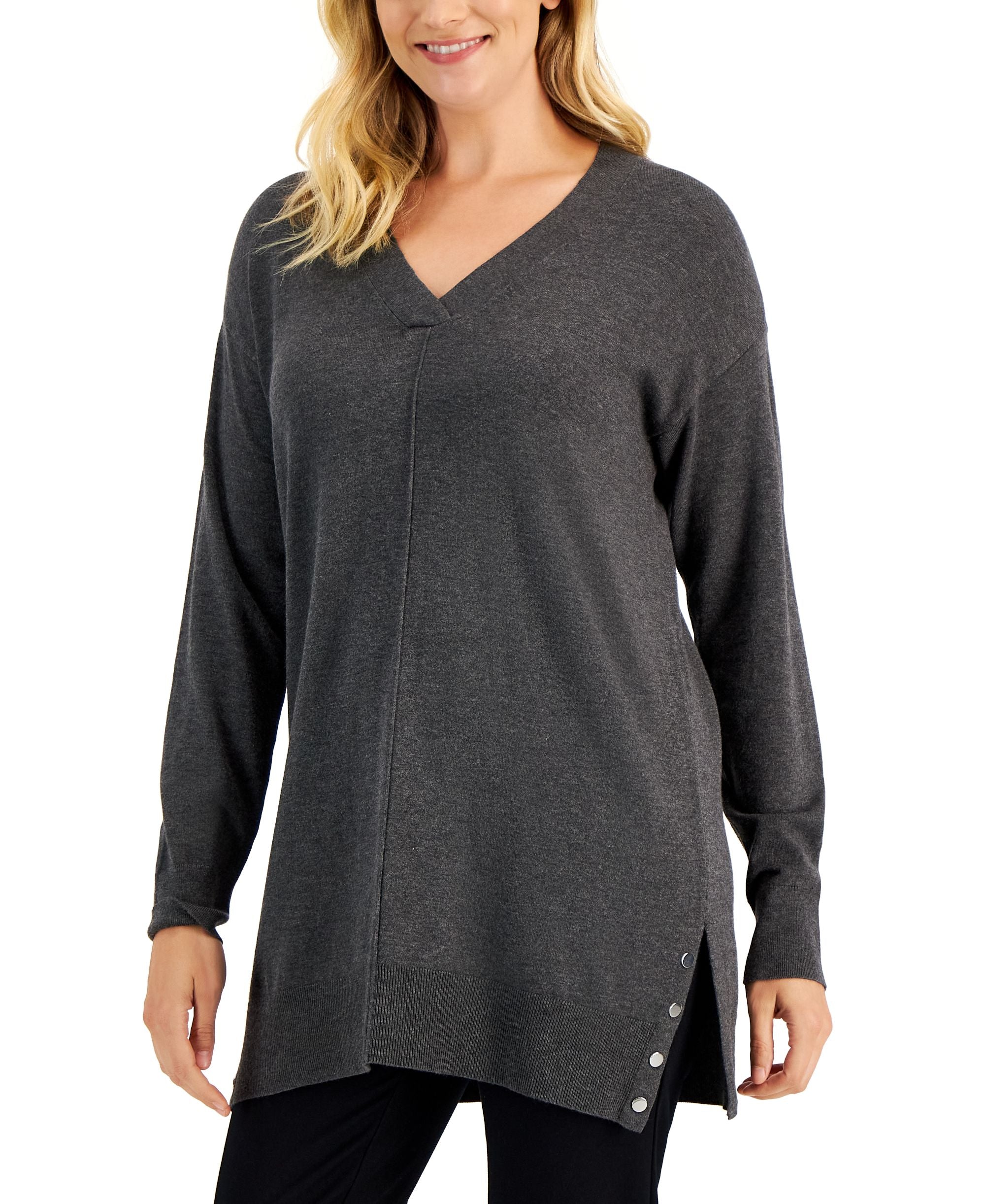 Women's V-Neck Side-Snap Tunic Sweater