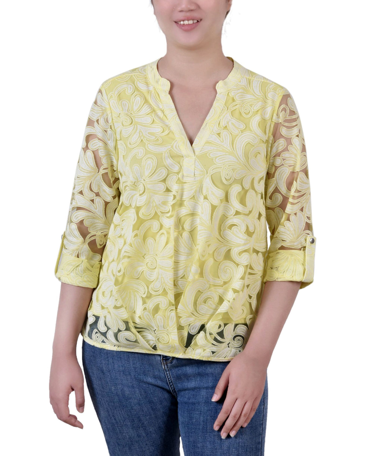 Petite Long Sleeve Burnout Y-Neck Blouse