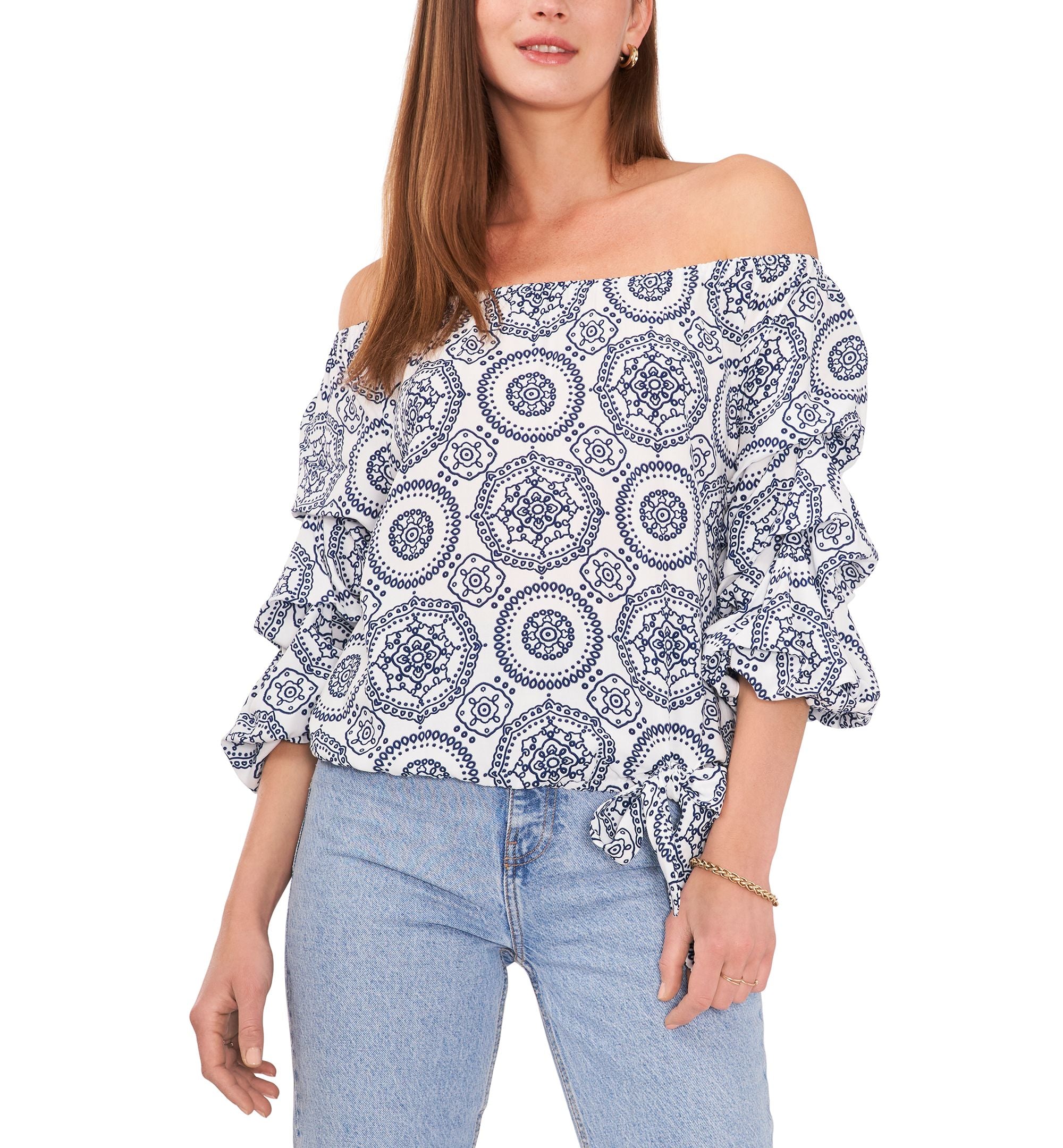 Vince Camuto Plus Size Printed Off Shoulder Bubble Sleeve Top
