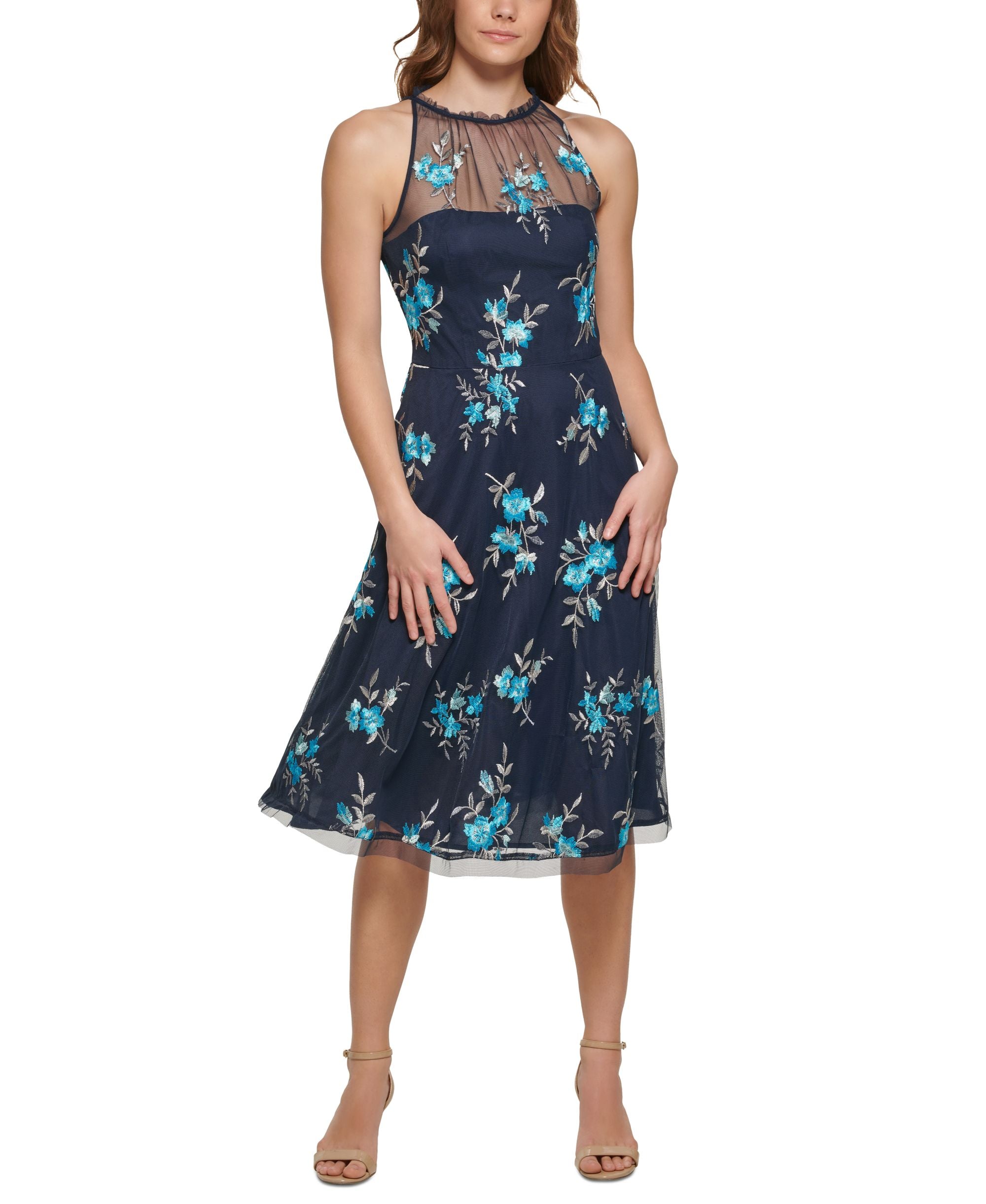 Vince Camuto Womens Floral Embroidered Halter Style Dress