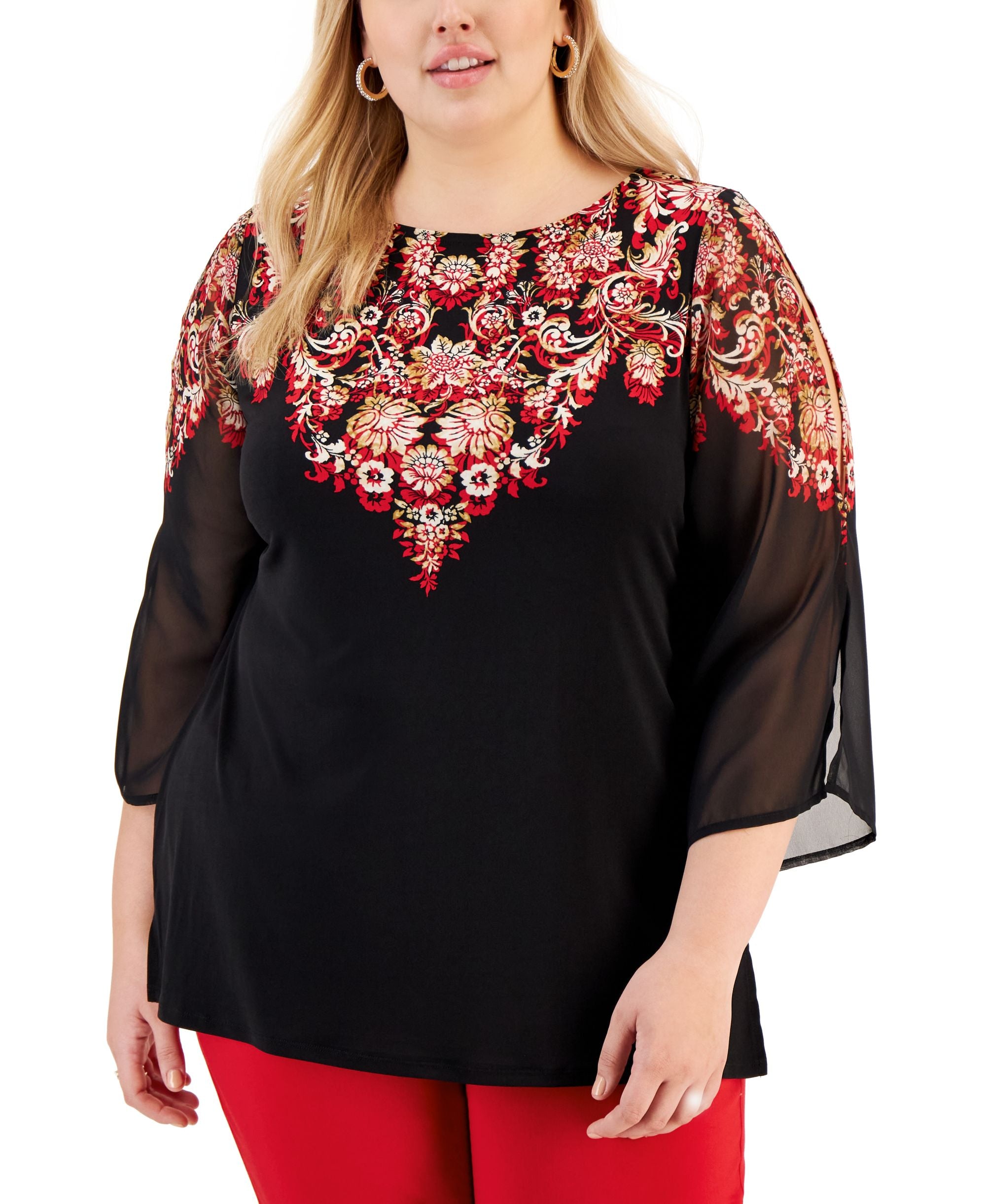 Plus Size Printed Split-Sleeve Tunic