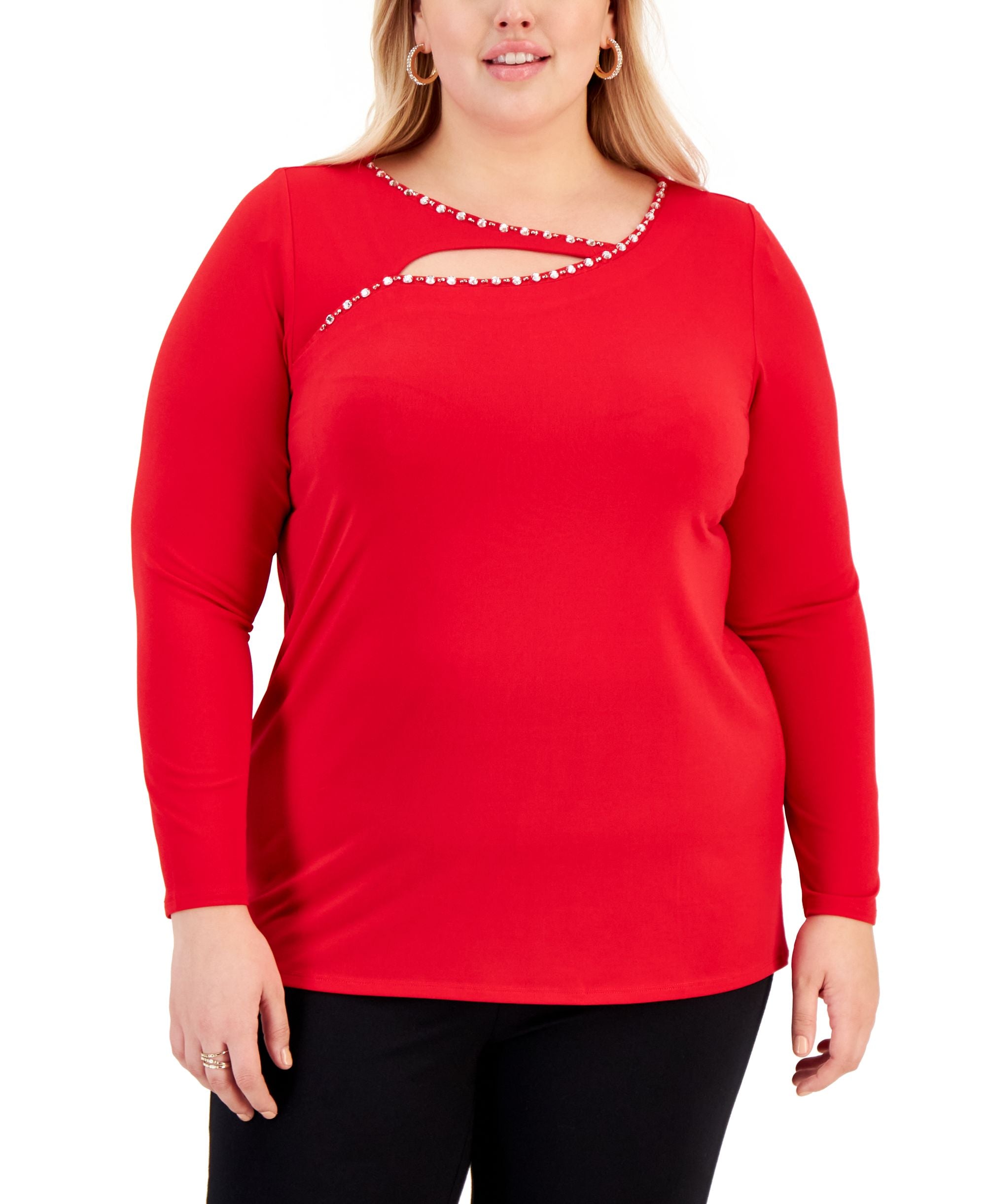 JM Collection Plus Size Embellished Cutout Sweater