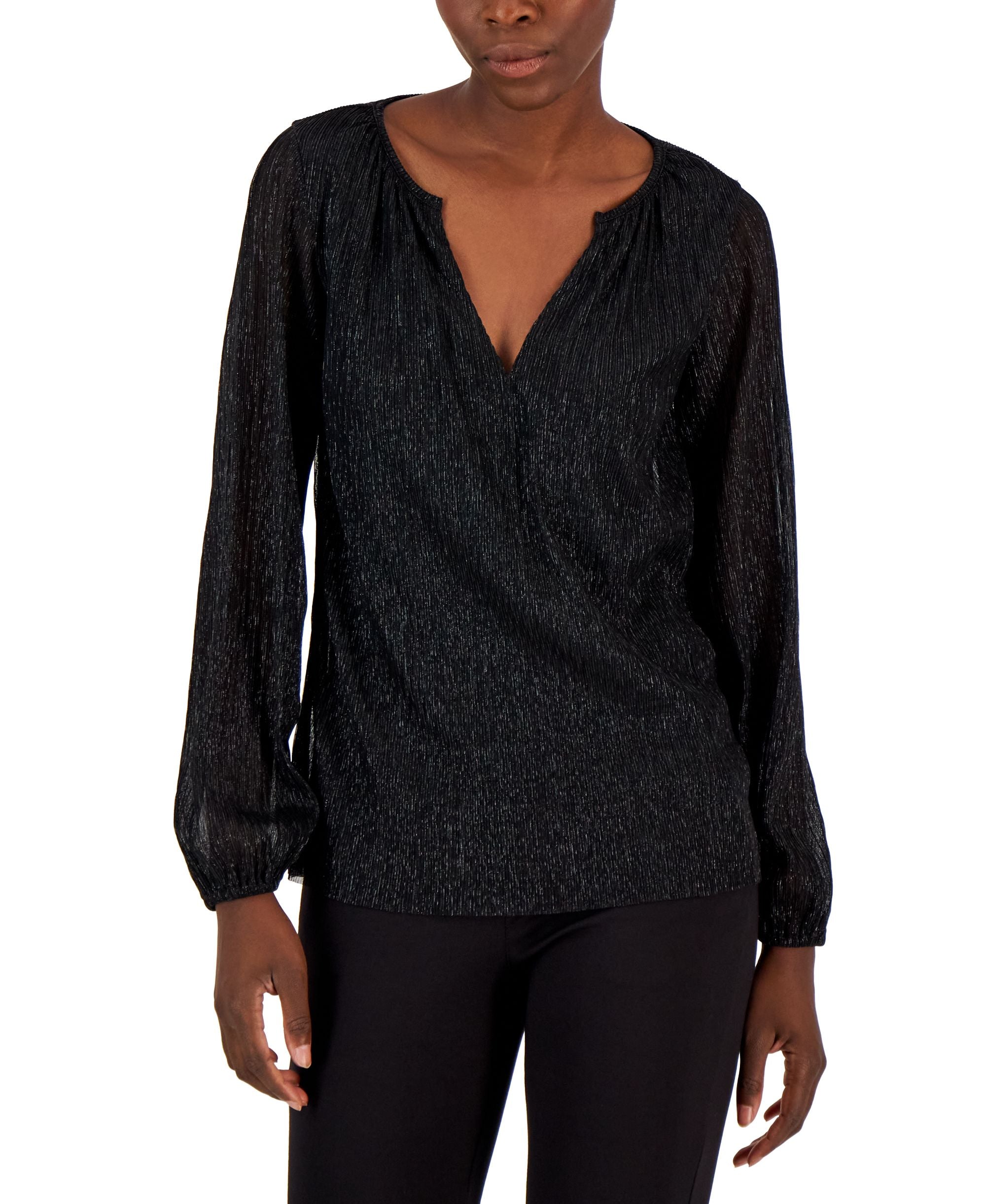 Alfani Womens Pleated Long Sleeve Shimmer Top