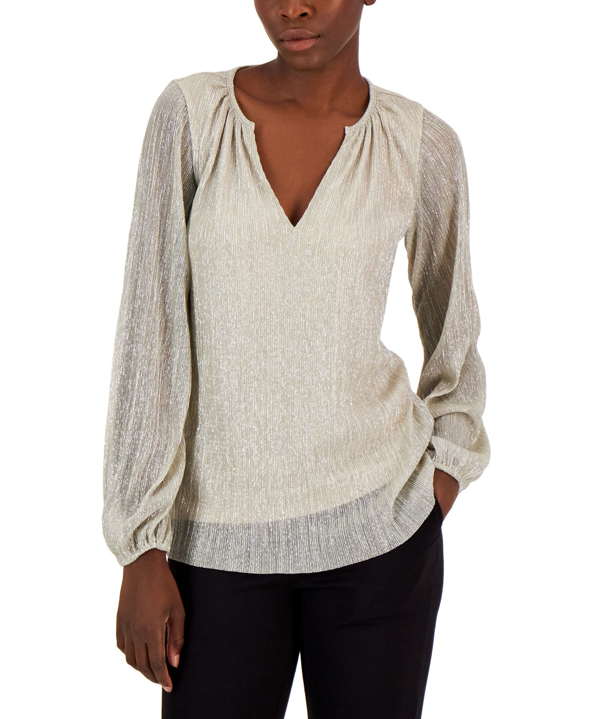 Alfani Womens Pleated Long Sleeve Shimmer Top