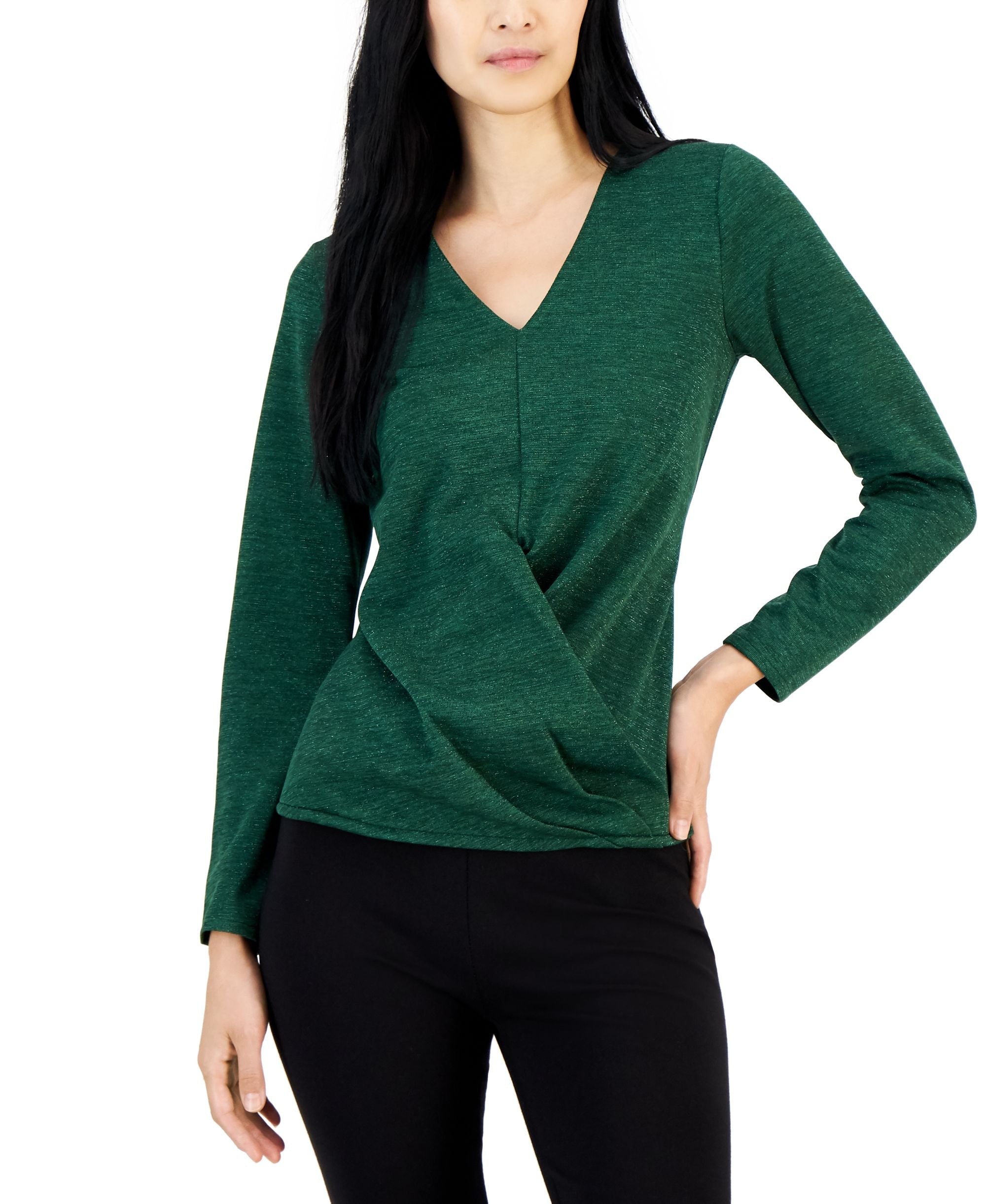 Alfani Womens Metallic Wrap Front Knit Top