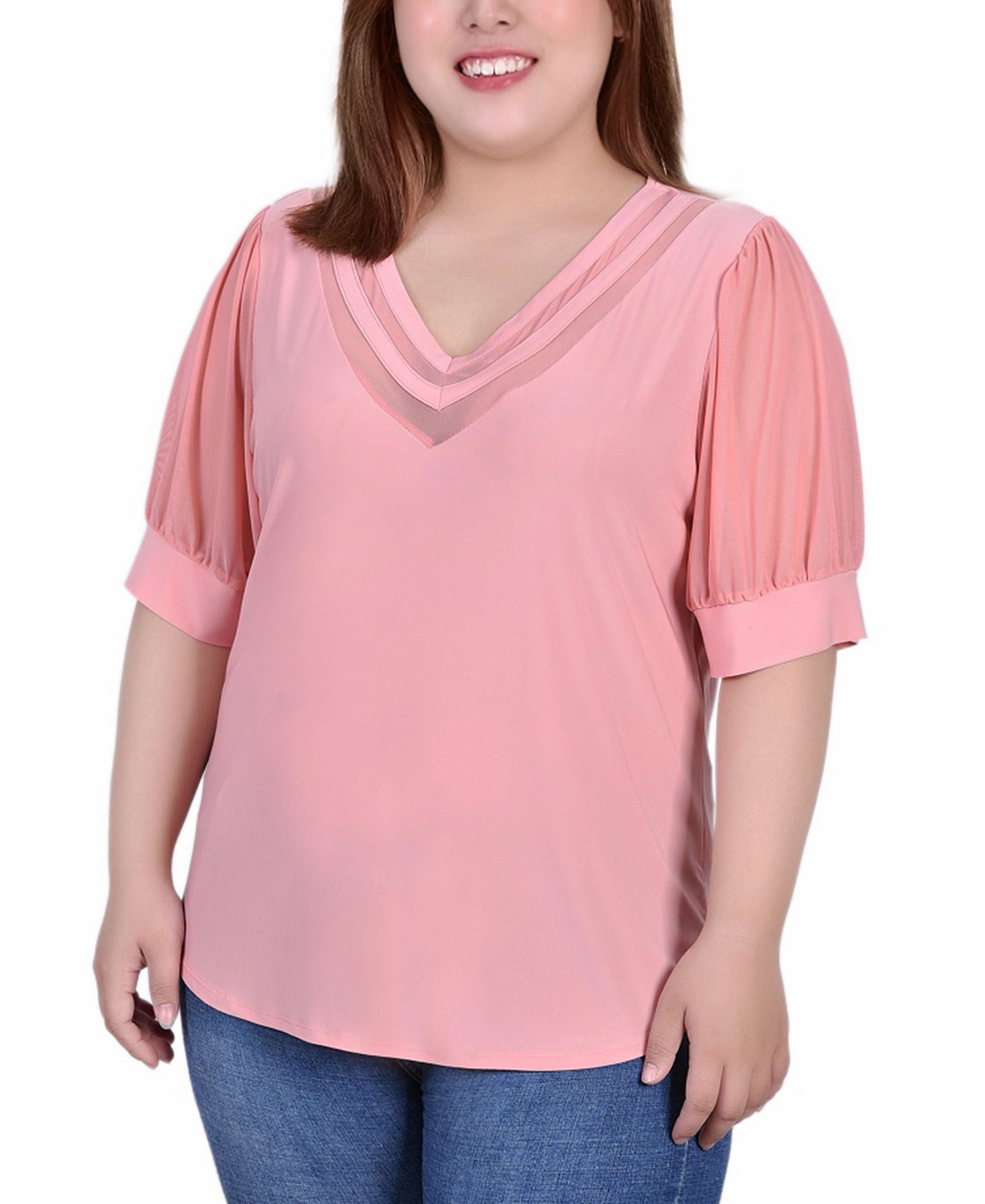 Plus Size Short Puff Sleeve V Neck Top