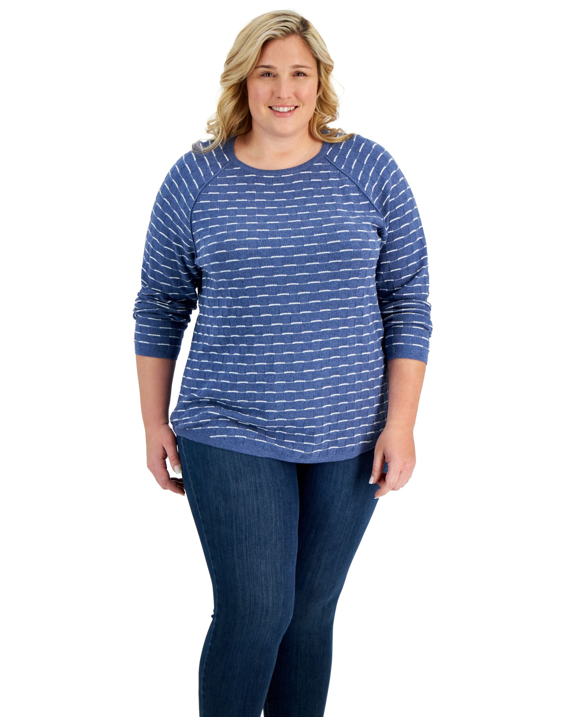 Plus Size Cotton Textured Raglan-Sleeve Sweater