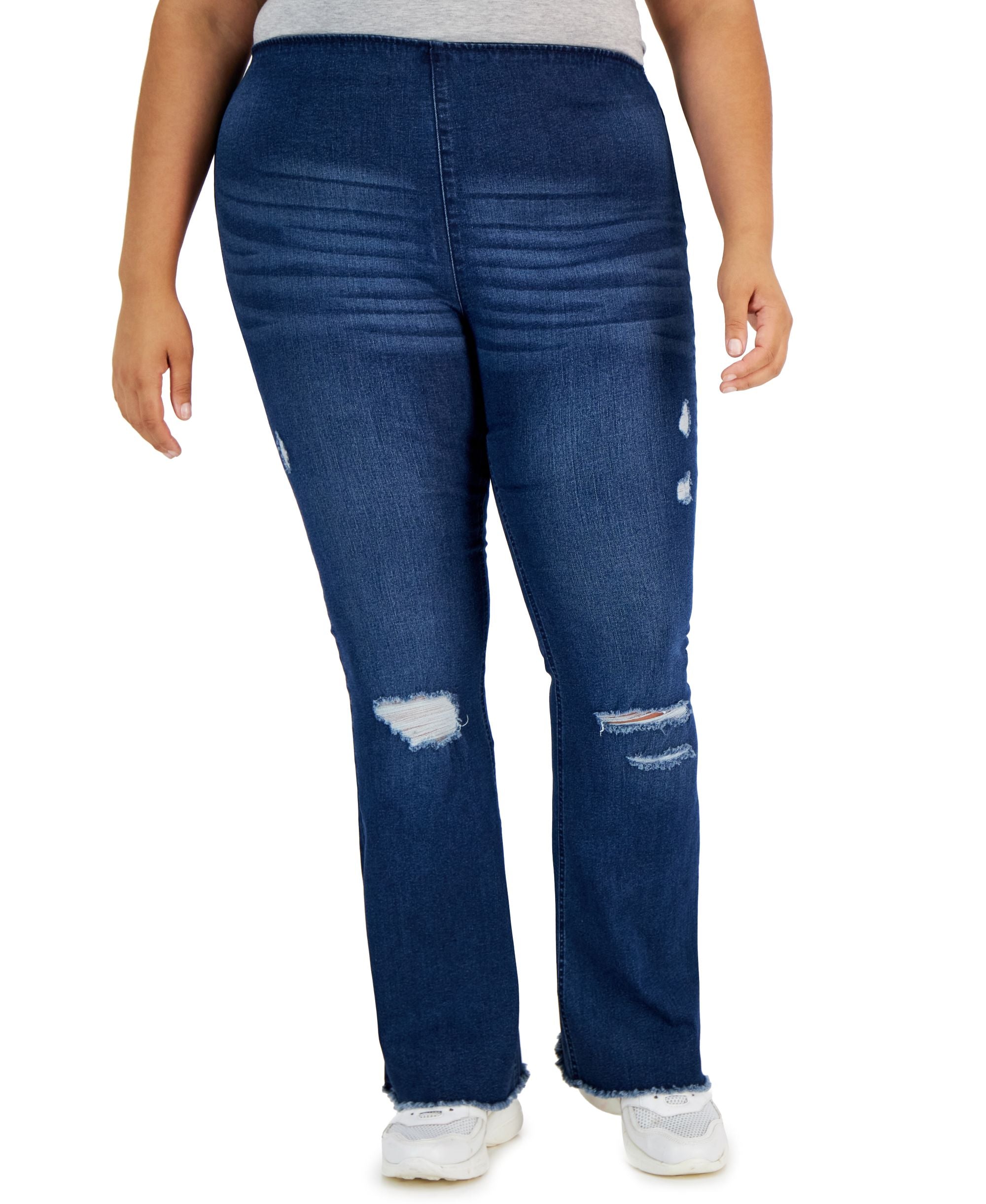 Tinseltown Trendy Plus Size Ripped Pull On Flare Jeans