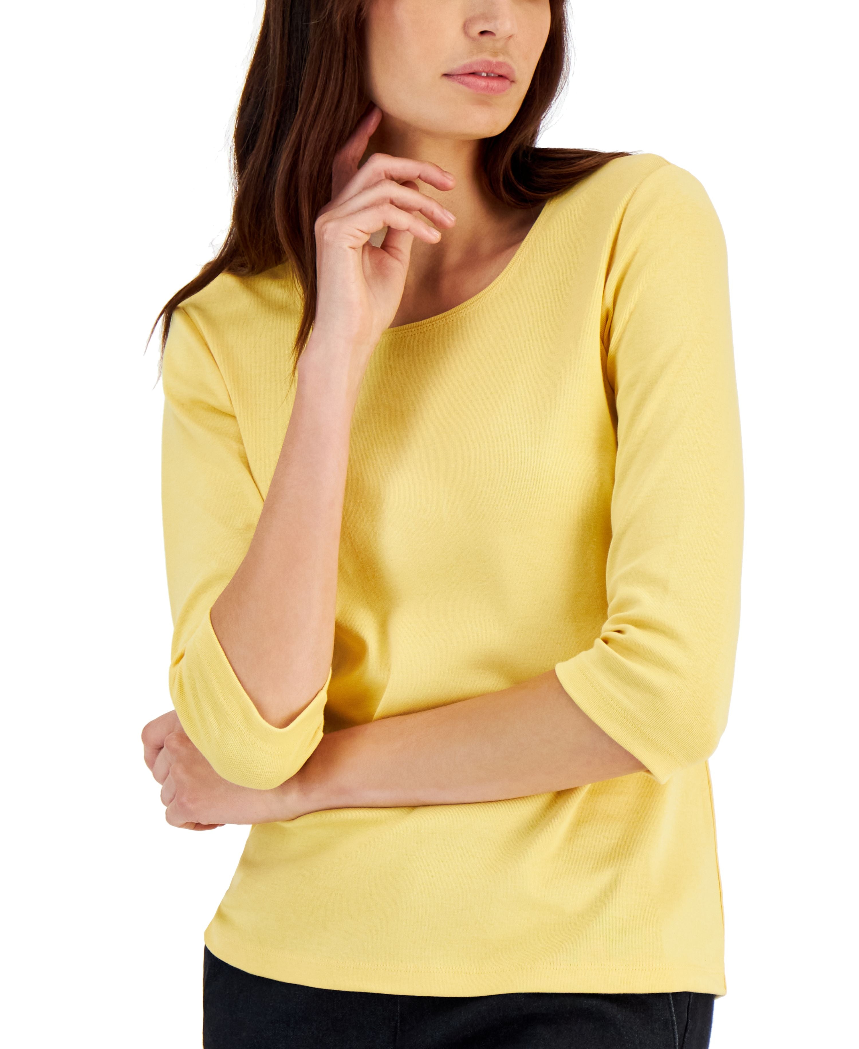 Petite 3/4 Sleeve Cotton Scoop-Neck Top