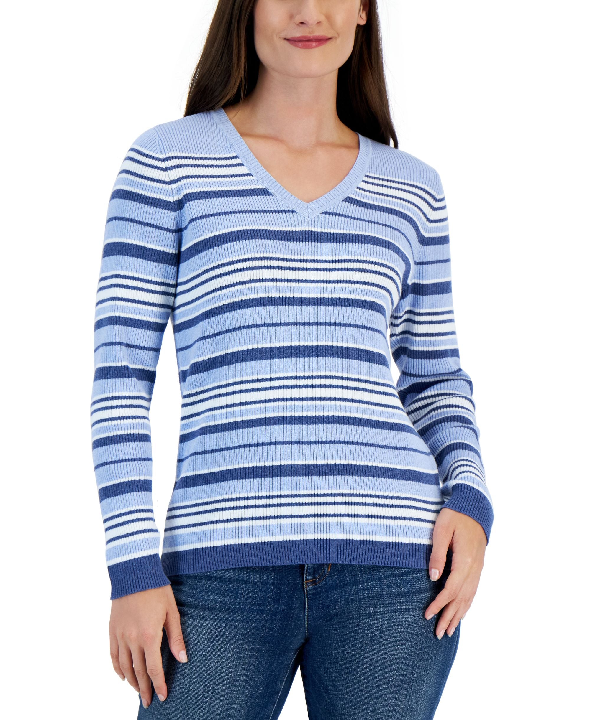 Karen Scott Petite Striped V Neck Sweater