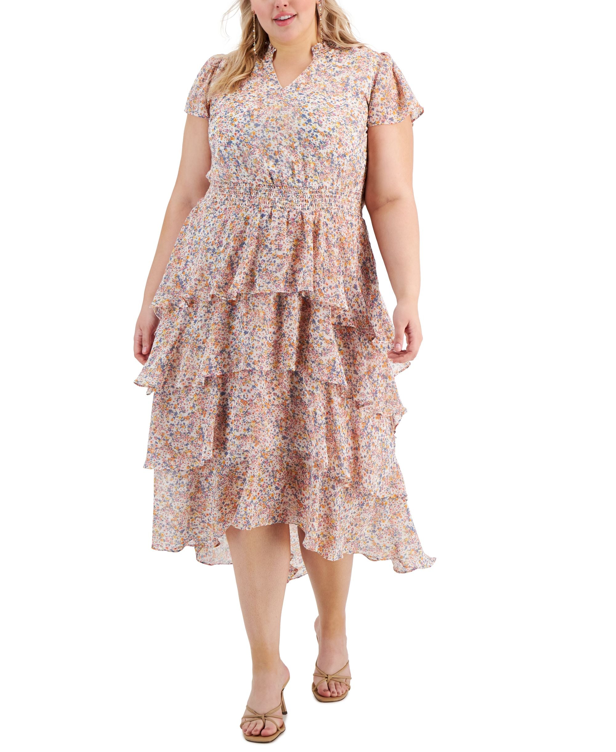 1.State Trendy Plus Size Printed Tiered Ruffle Maxi Dress