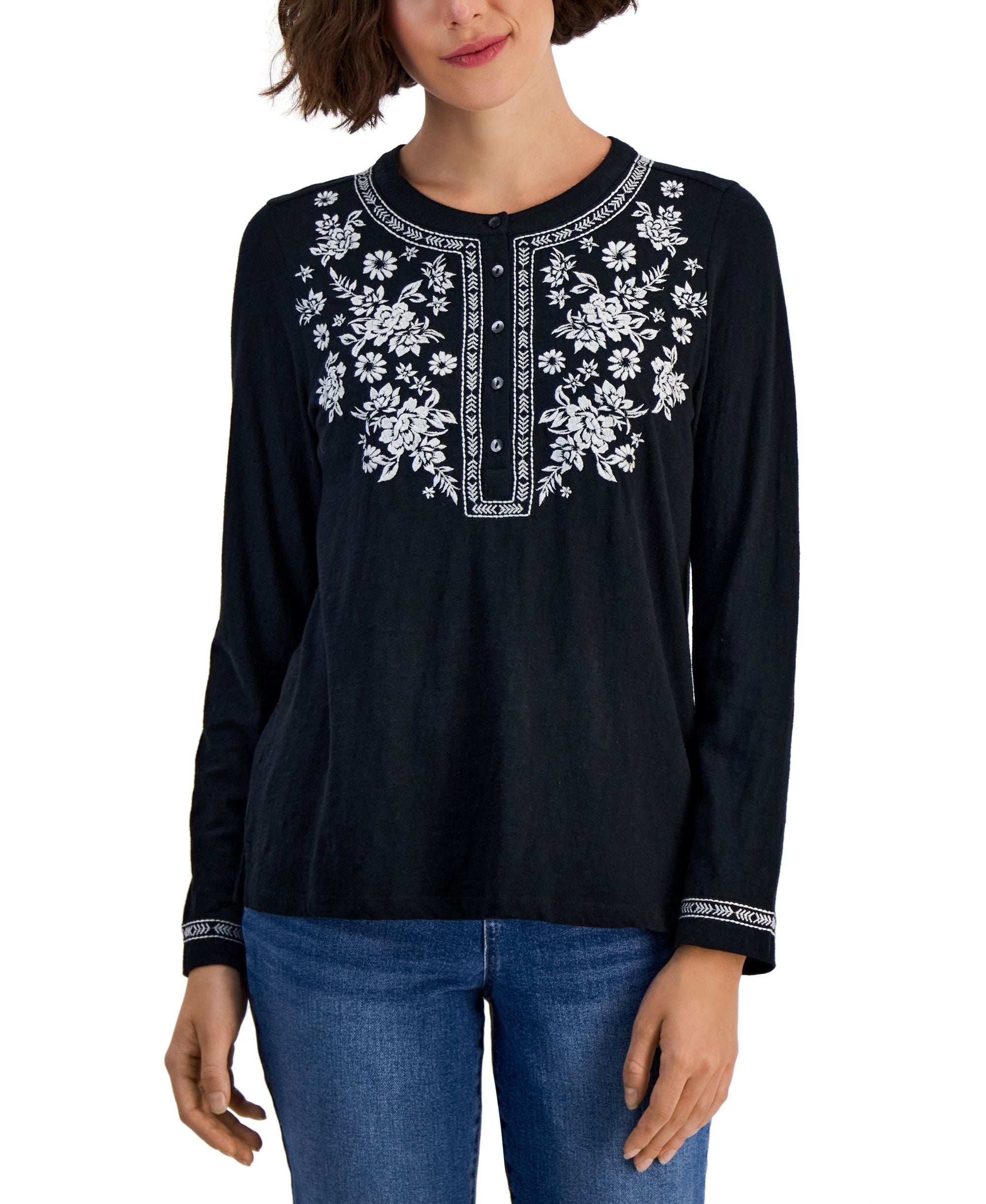 Style & Co Womens Cotton Embroidered Shirt