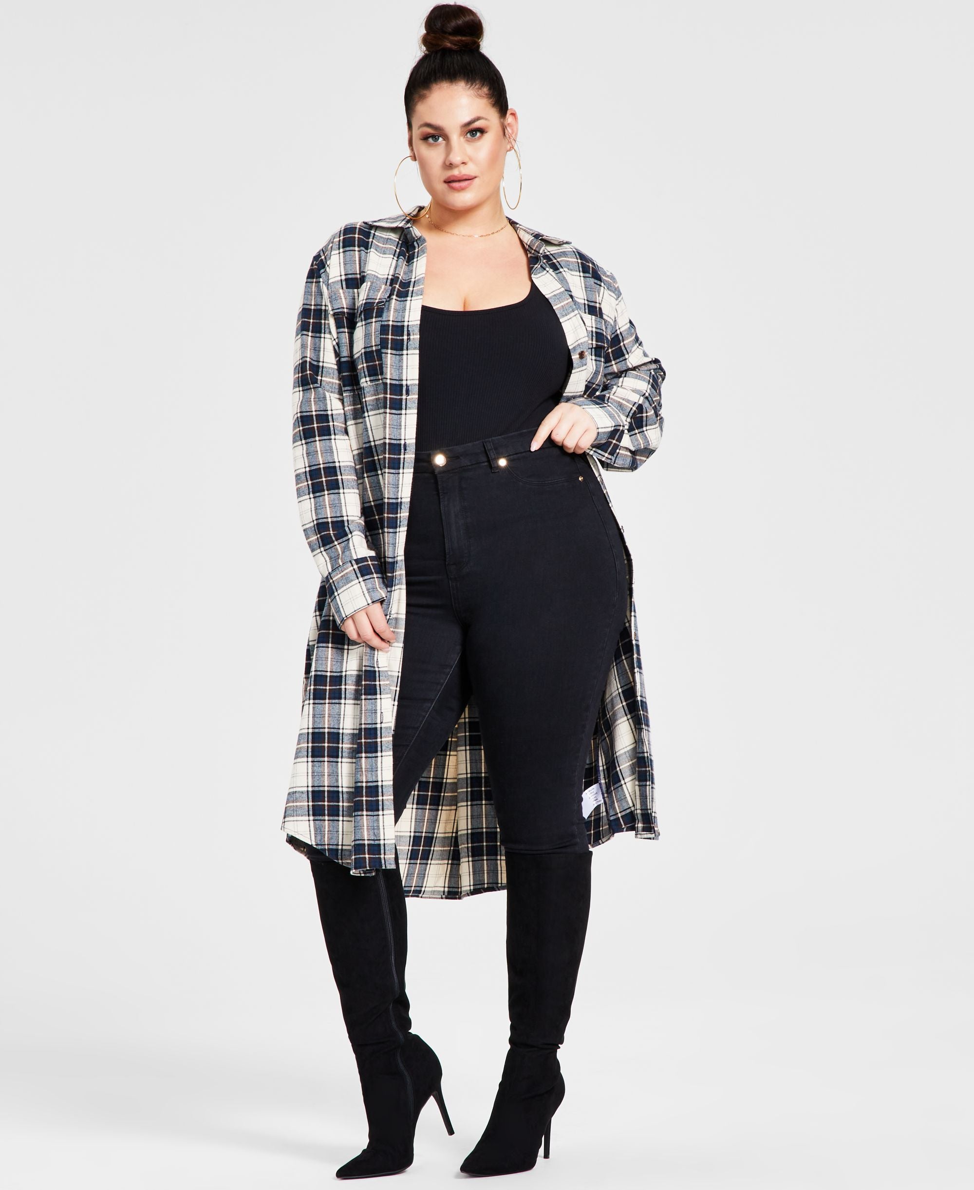 Trendy Plus Size Cotton Plaid Duster Shirt