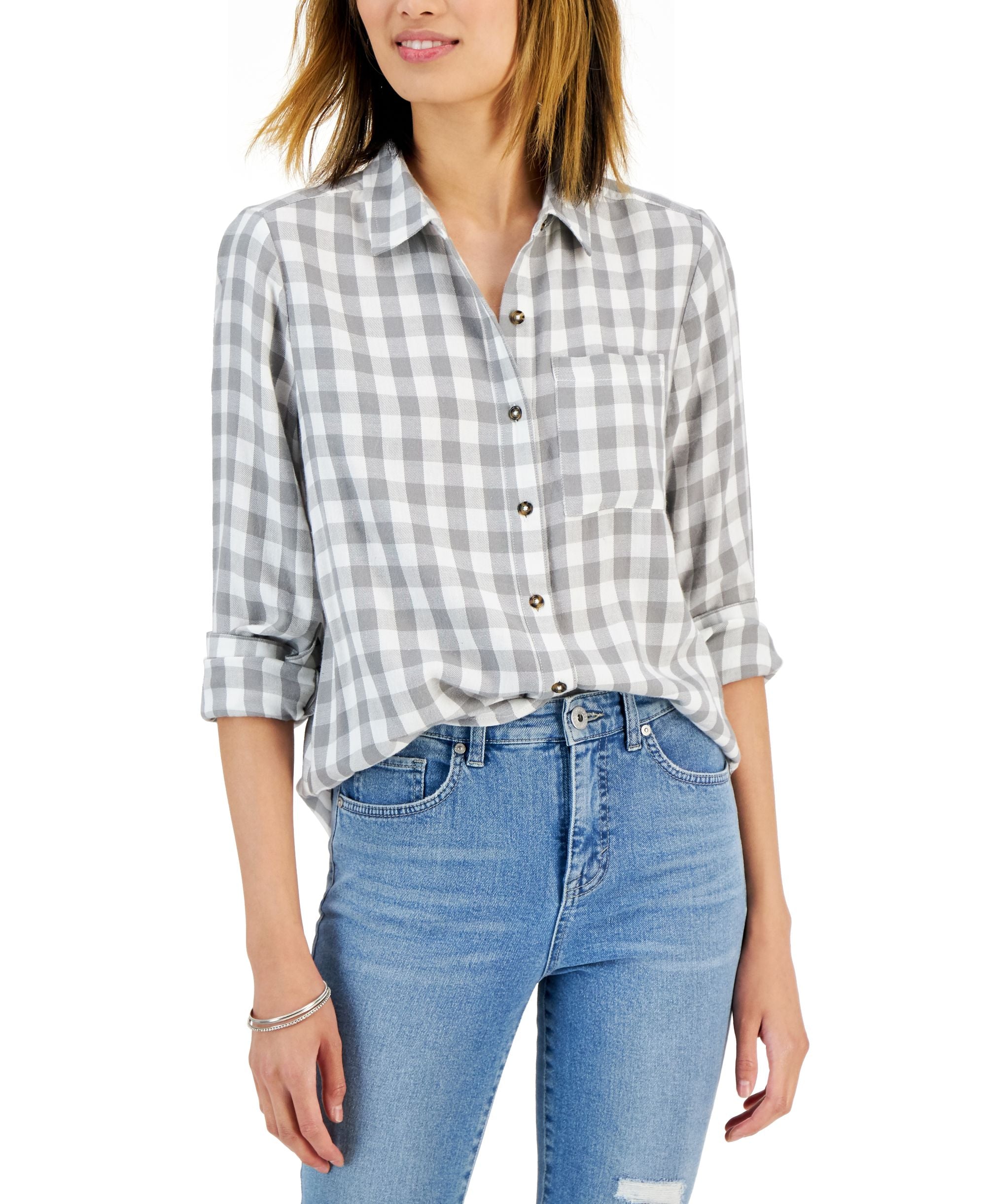 Style & Co Womens Cotton Printed Button Front Shirt