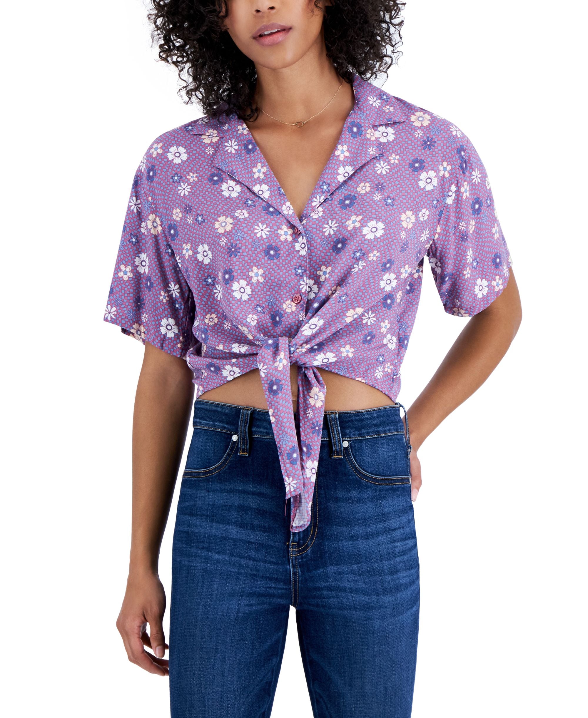 Juniors' Floral Tie-Front Shirt