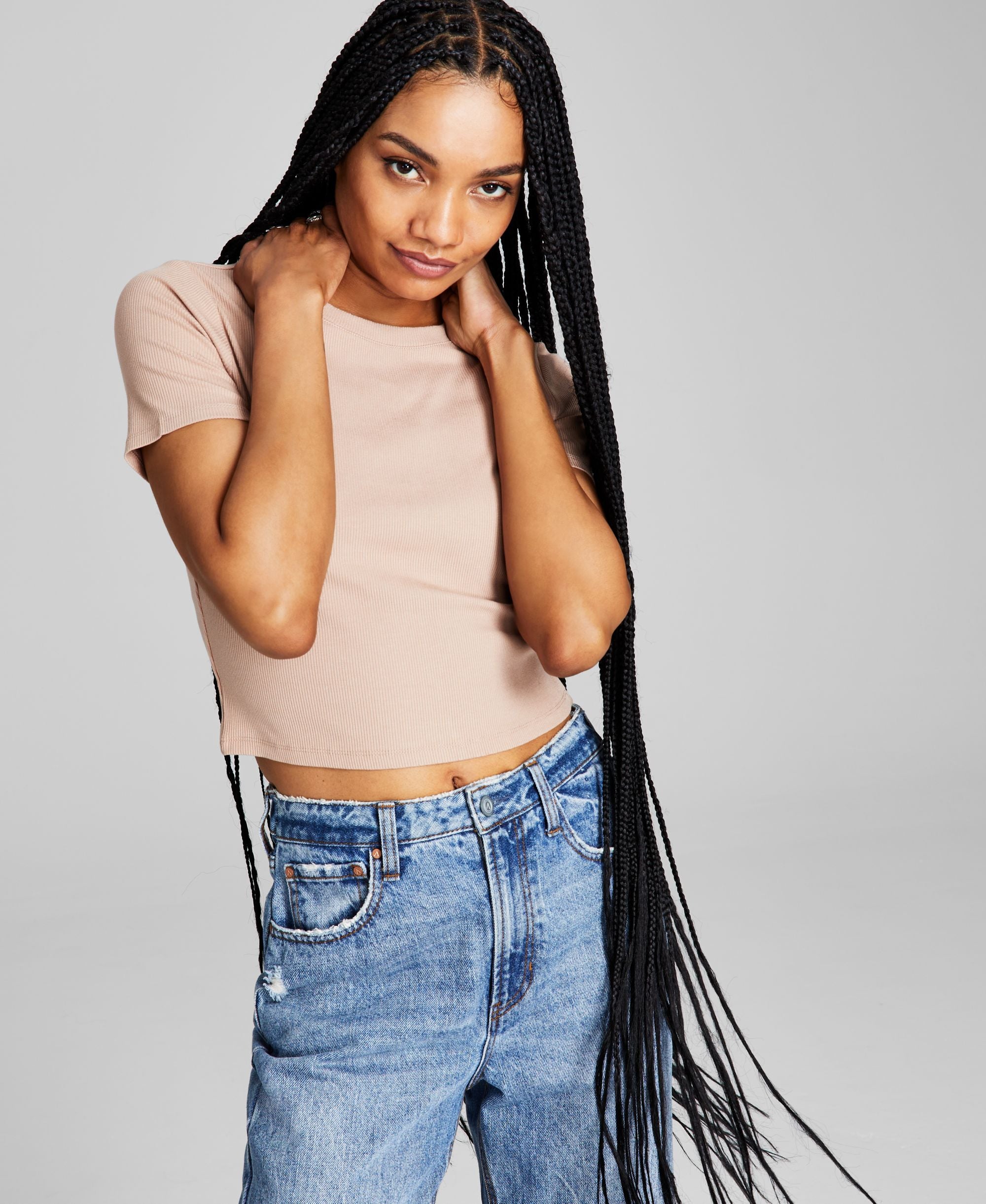 Women's Ribbed Knit Cropped Crewneck T-Shirt