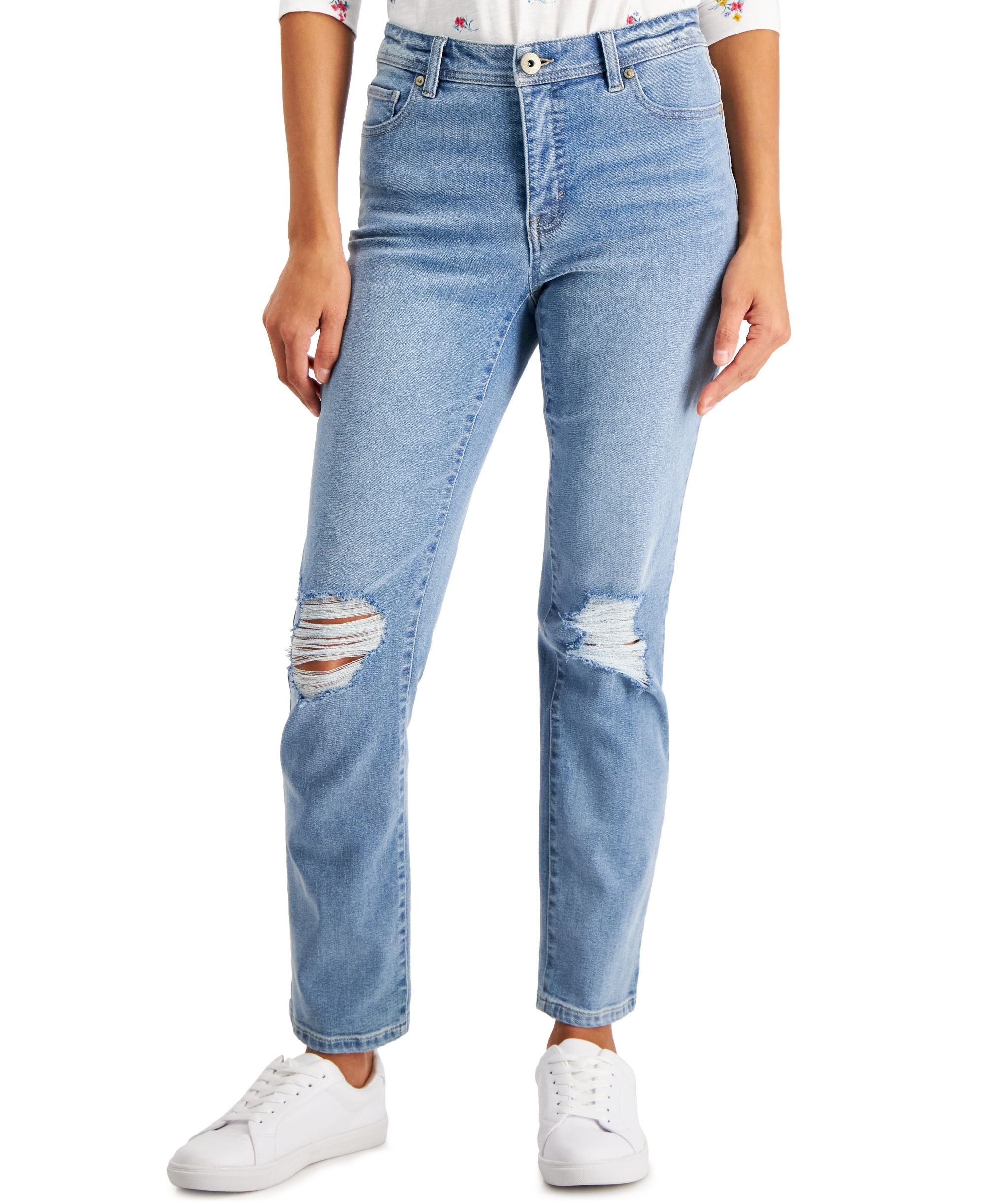 Style & Co Petite Mid Rise Natural Ripped Straight Leg Jeans