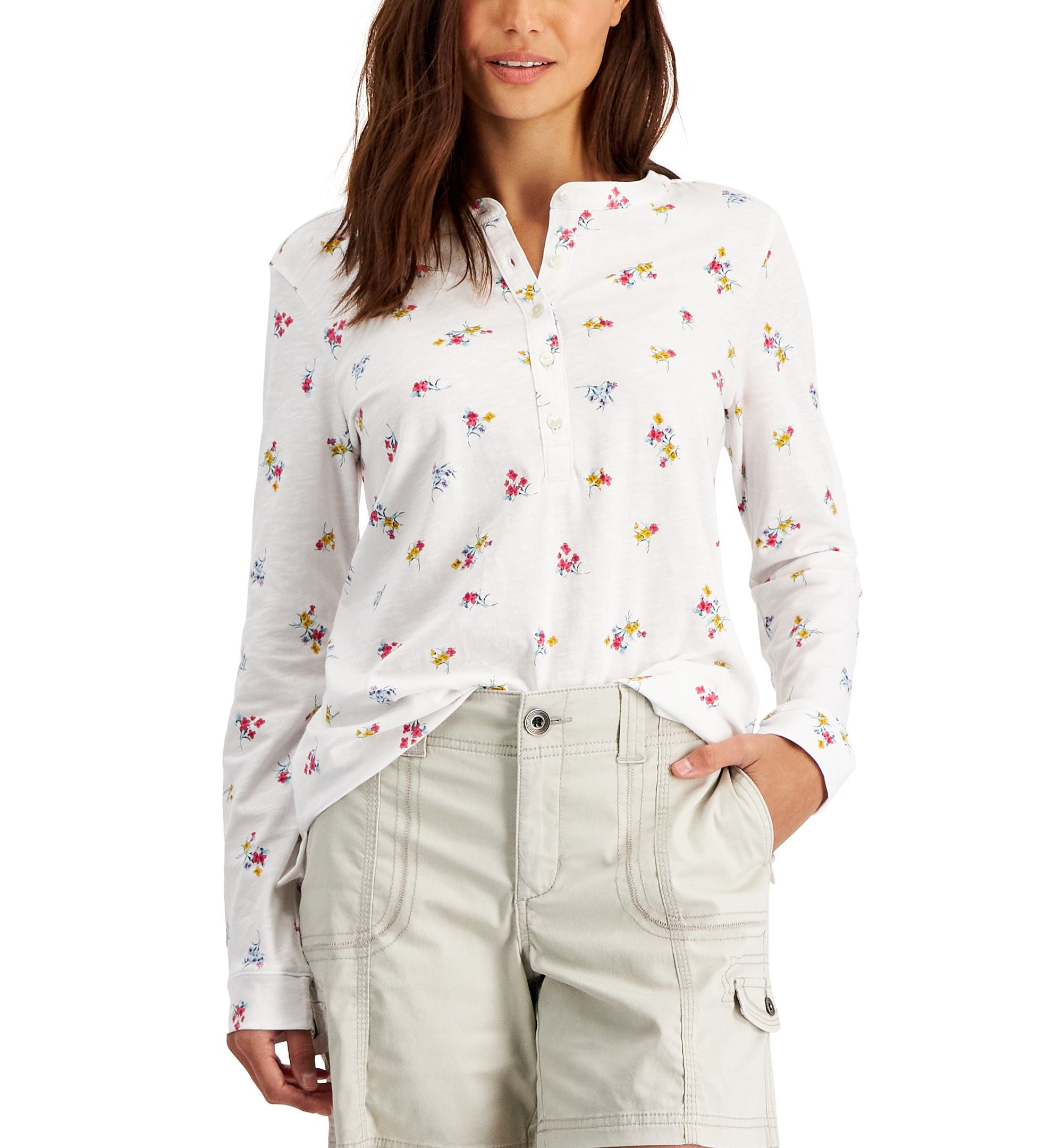 Style & Co Petite Long Sleeve Floral Henley