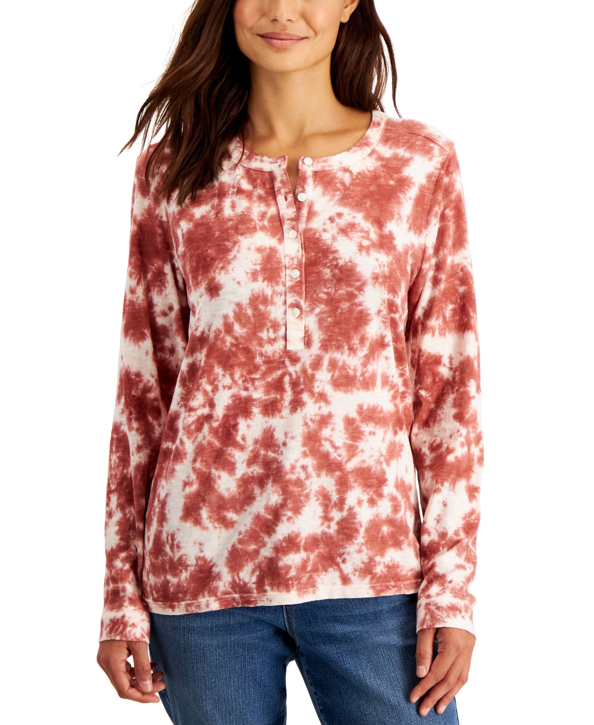 Style & Co Petite Cotton Tie Dyed Henley Long Sleeve Top