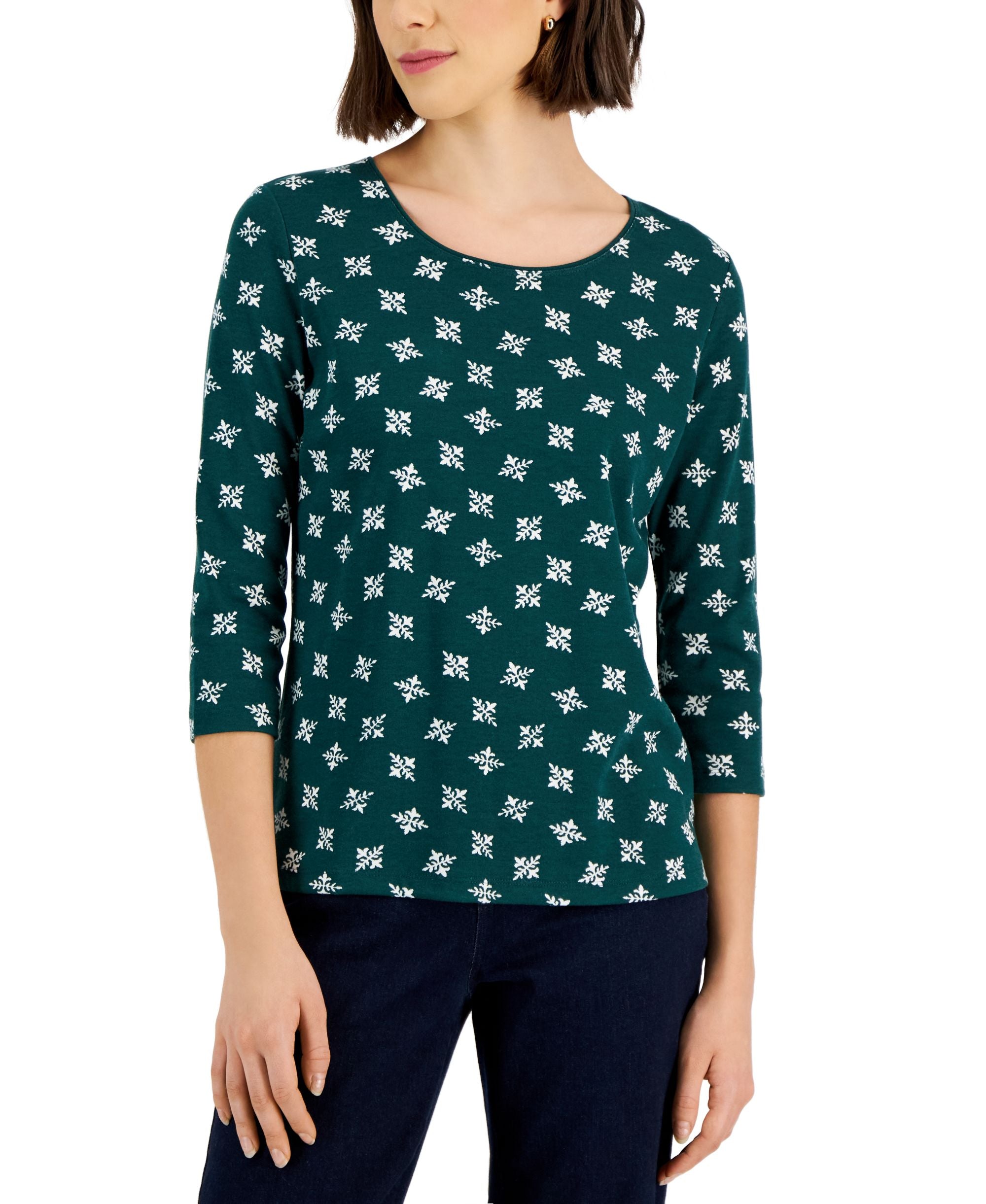 Karen Scott Petite Snowflake Toss Scoop Neck Top