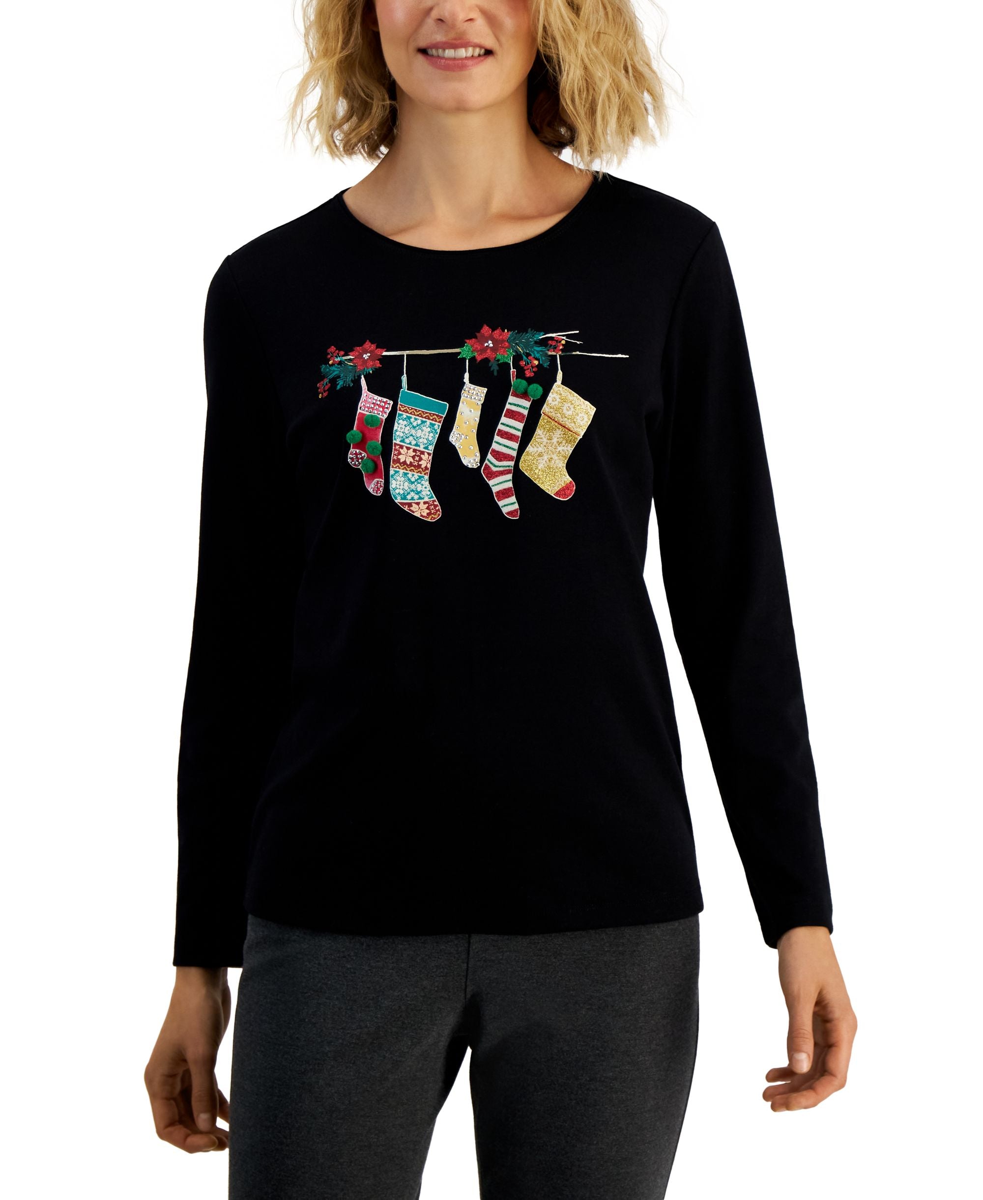 Karen Scott Petite Embellished Holiday Graphic T-Shirt