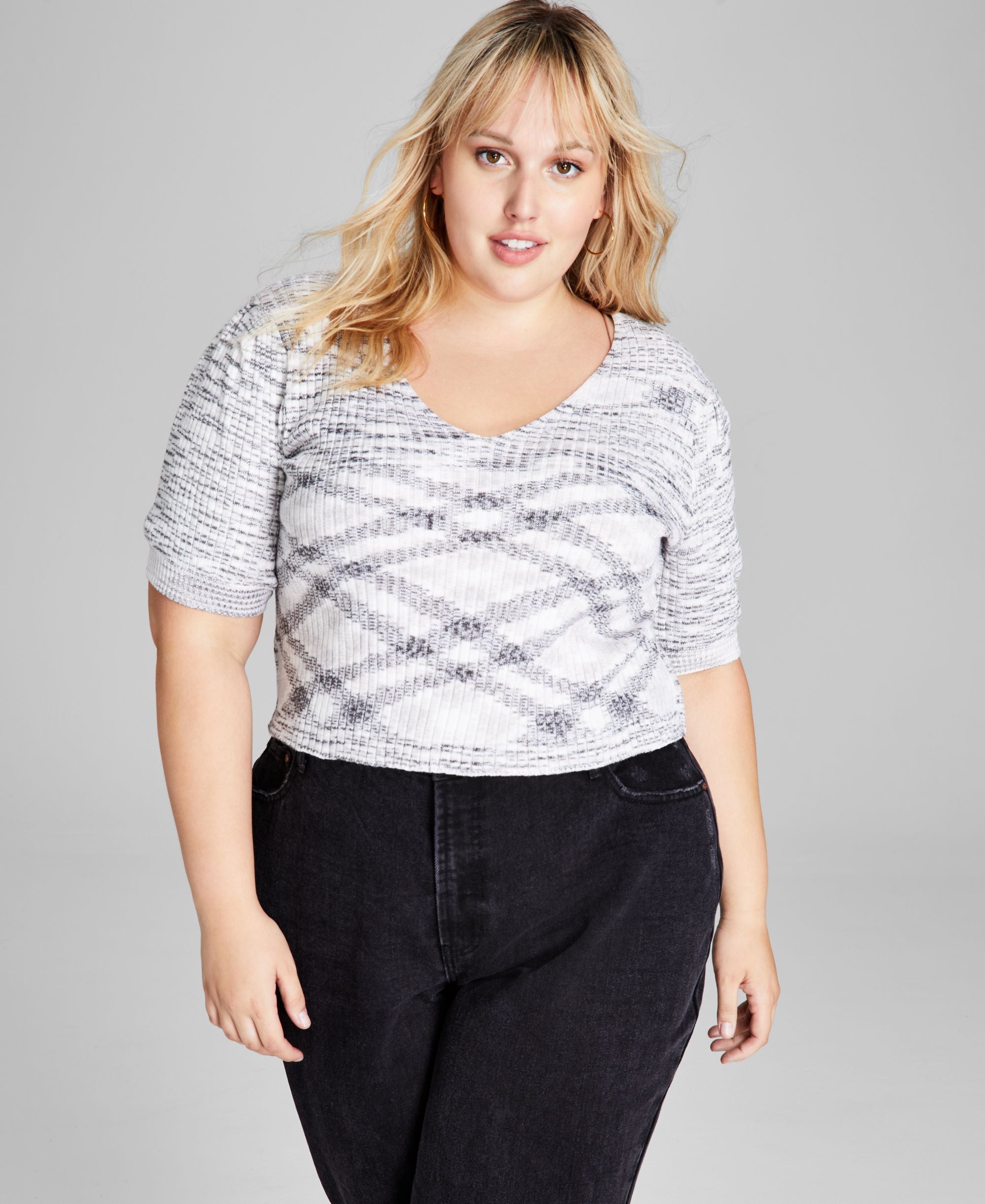 Trendy Plus Size Space-Dyed Puff-Sleeve Top