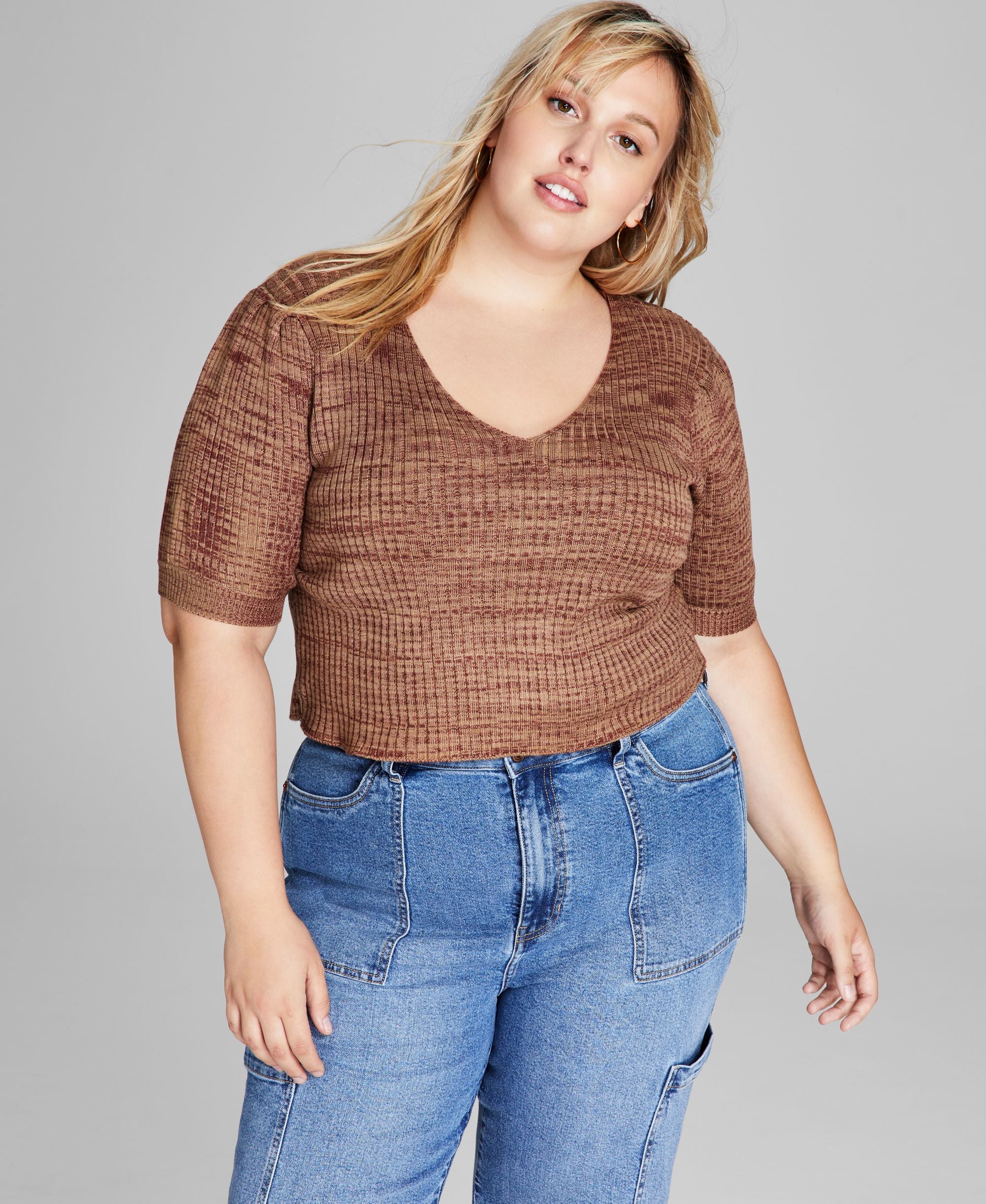 Trendy Plus Size Space-Dyed Puff-Sleeve Top