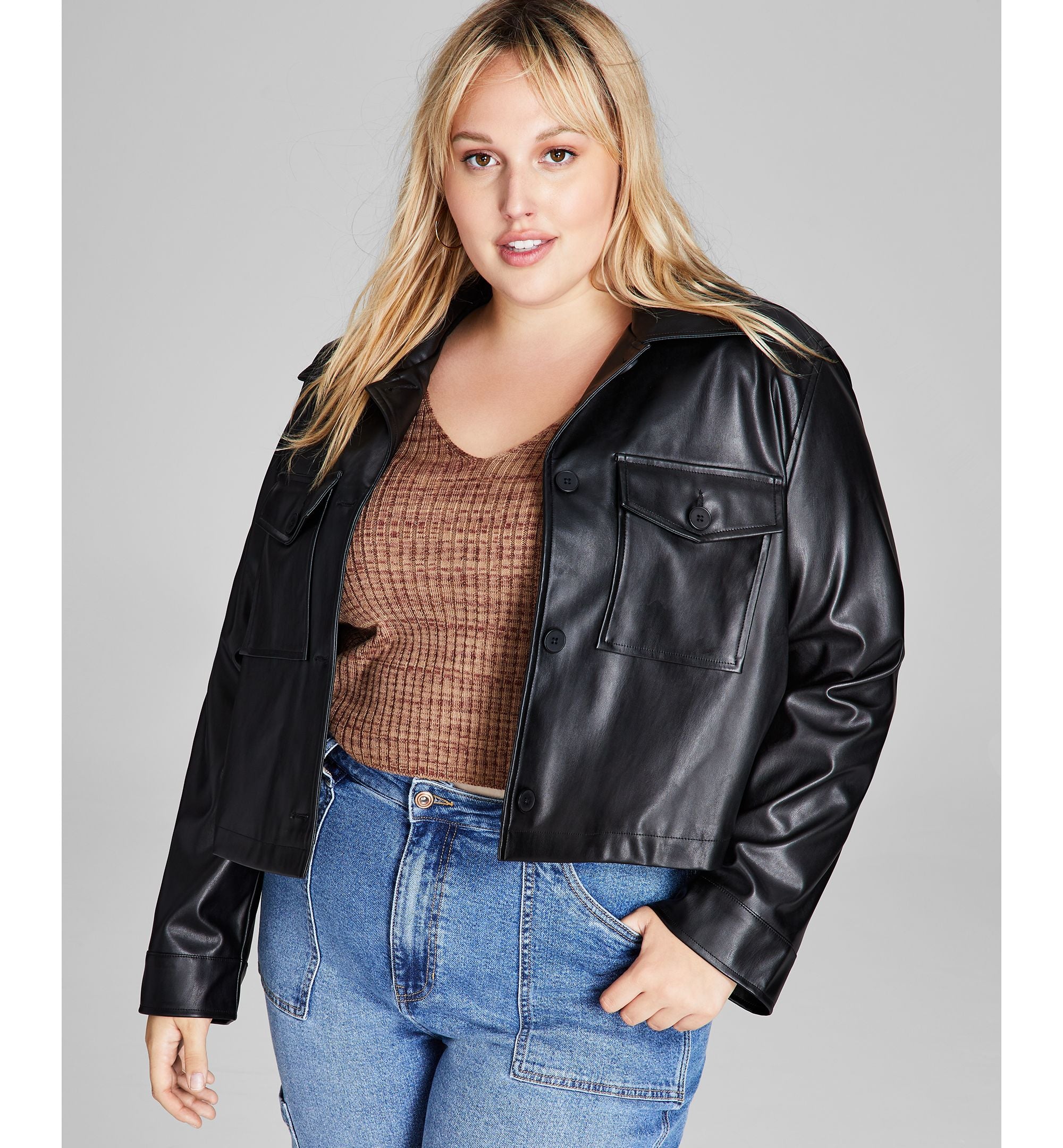 Trendy Plus Size Cropped Faux-Leather Shacket