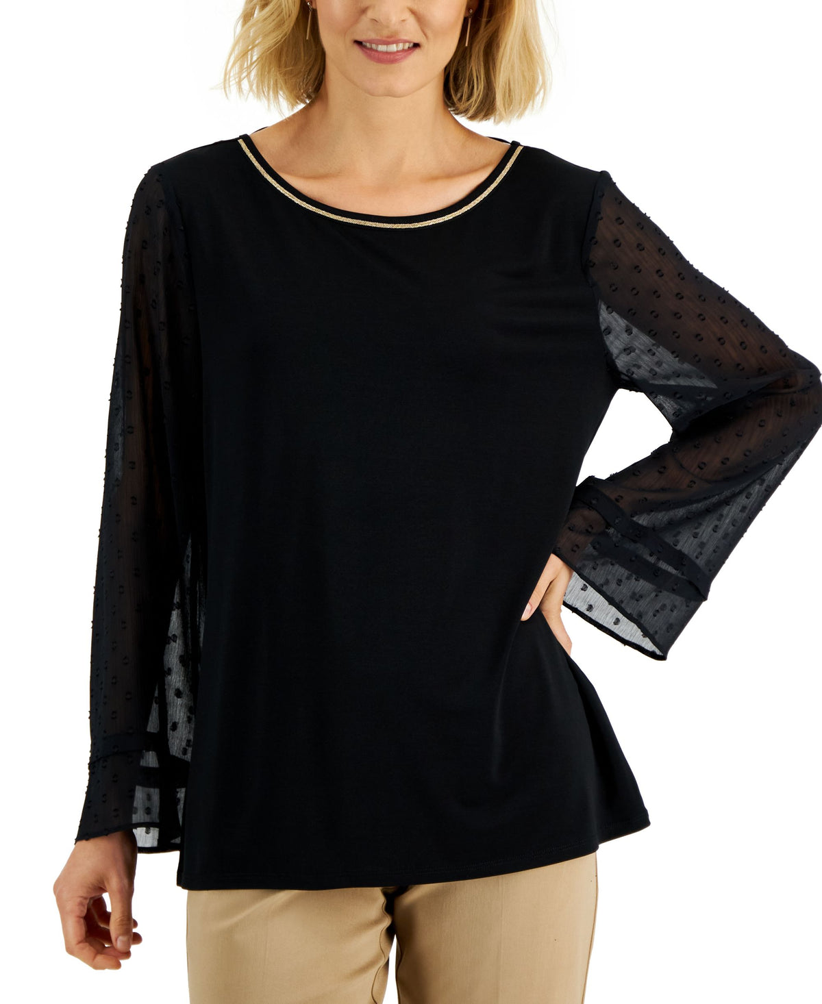 JM Collection Womens Sequin Neck Sheer Sleeve Top