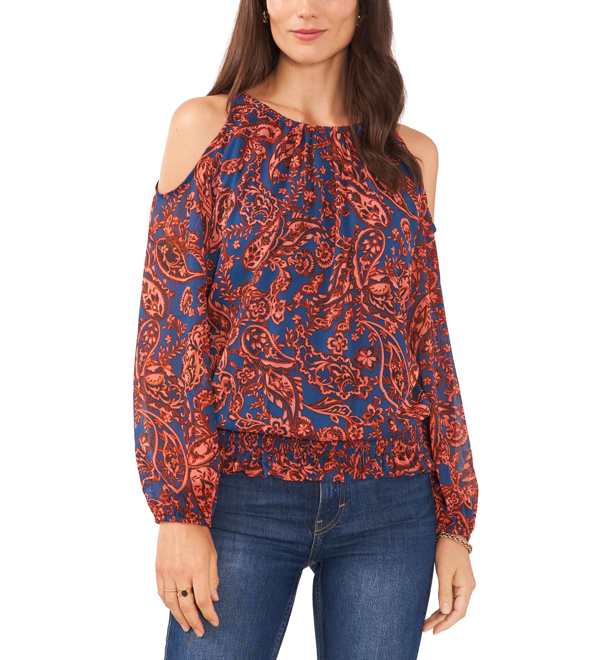 Sam Jess Petite Printed Cold Shoulder Smocked Hem Top