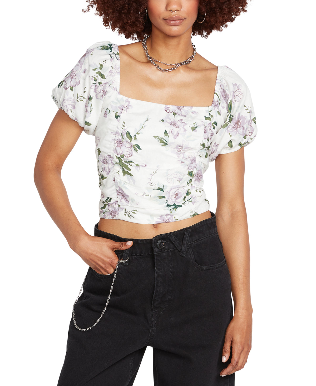 Juniors' So Growmantic Printed Puff-Sleeve Top