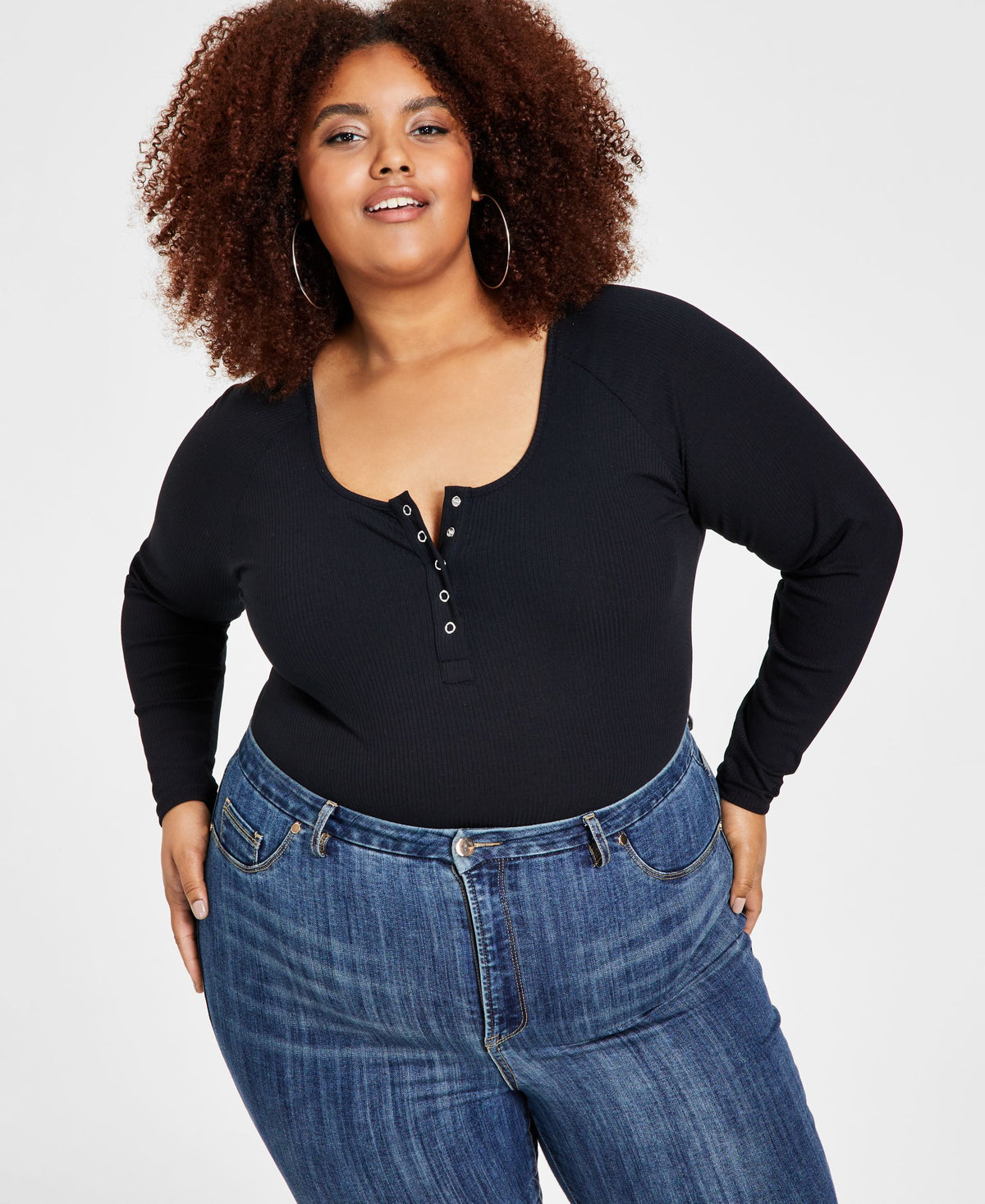Nina Parker Trendy Plus Size Ribbed Henley Bodysuit