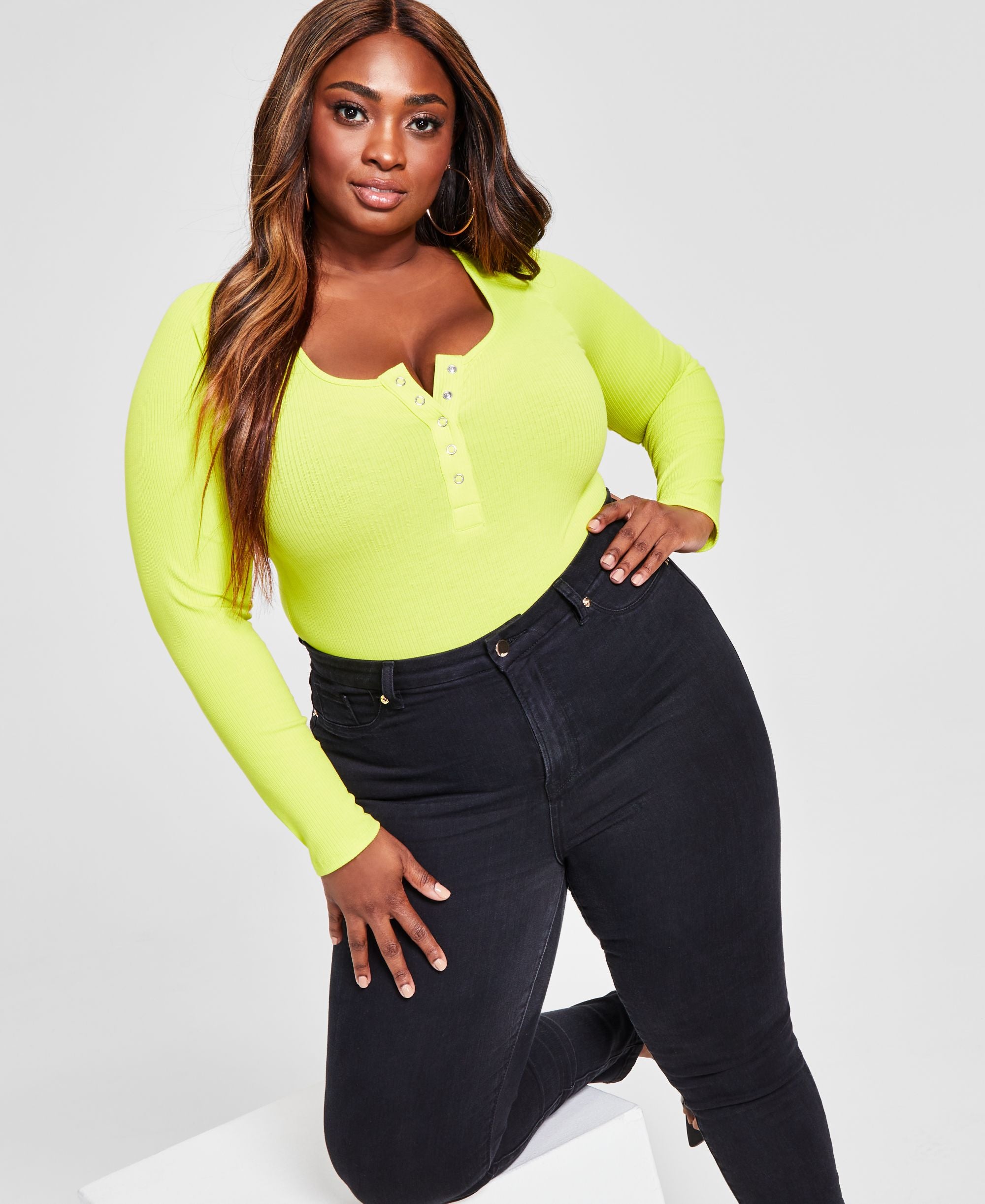 Nina Parker Trendy Plus Size Ribbed Henley Bodysuit