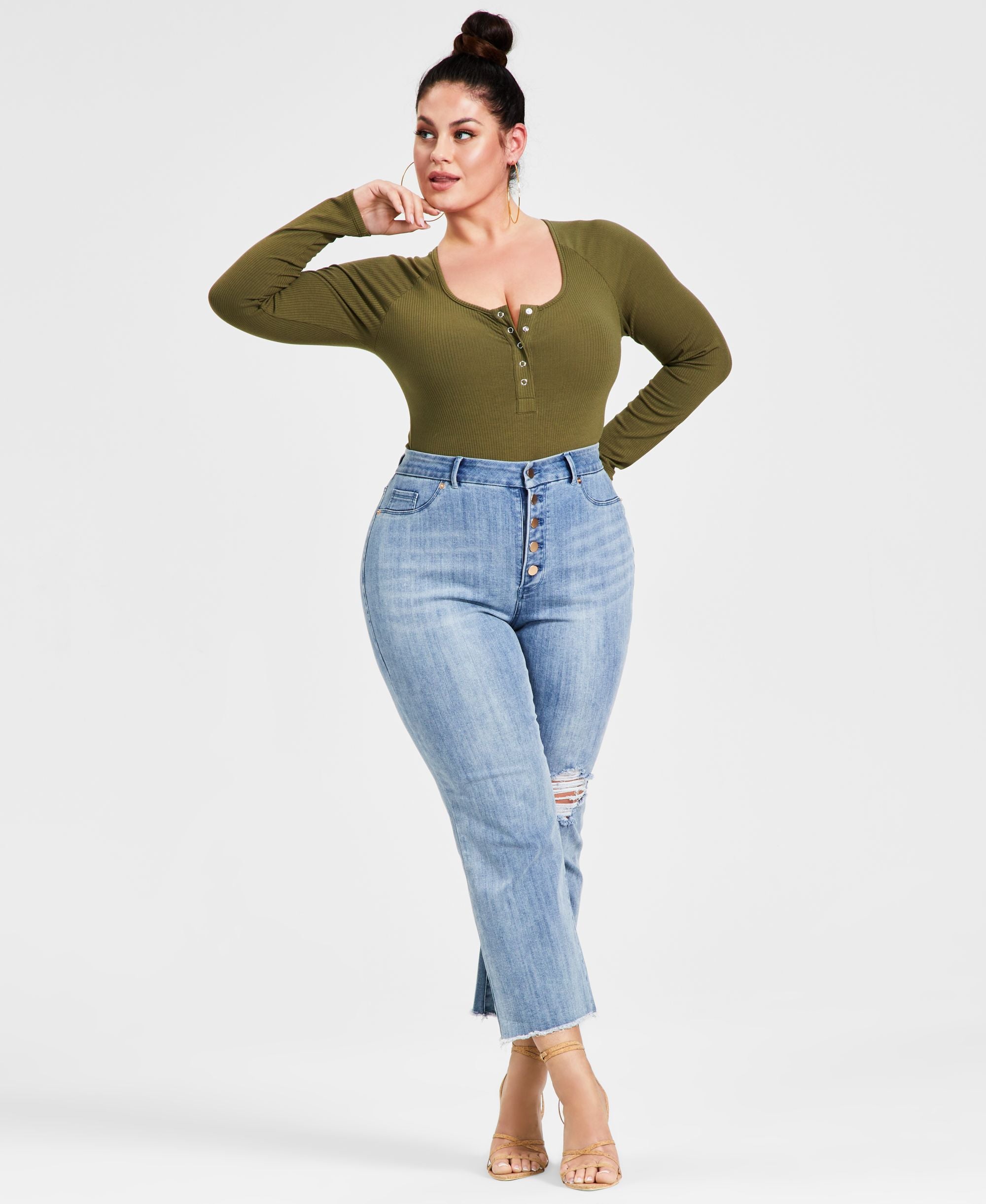 Nina Parker Trendy Plus Size Ribbed Henley Bodysuit