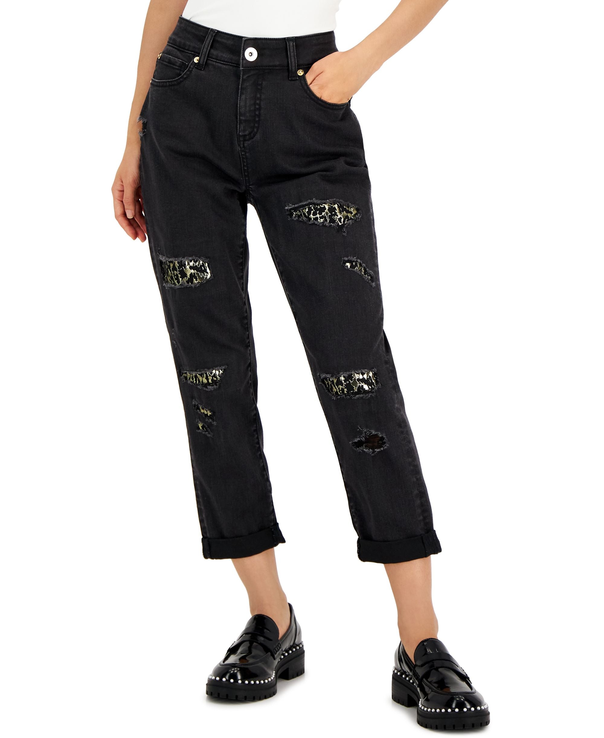 INC International Concepts Petite Embellished Cropped Rip Repair Boyfriend Jeans