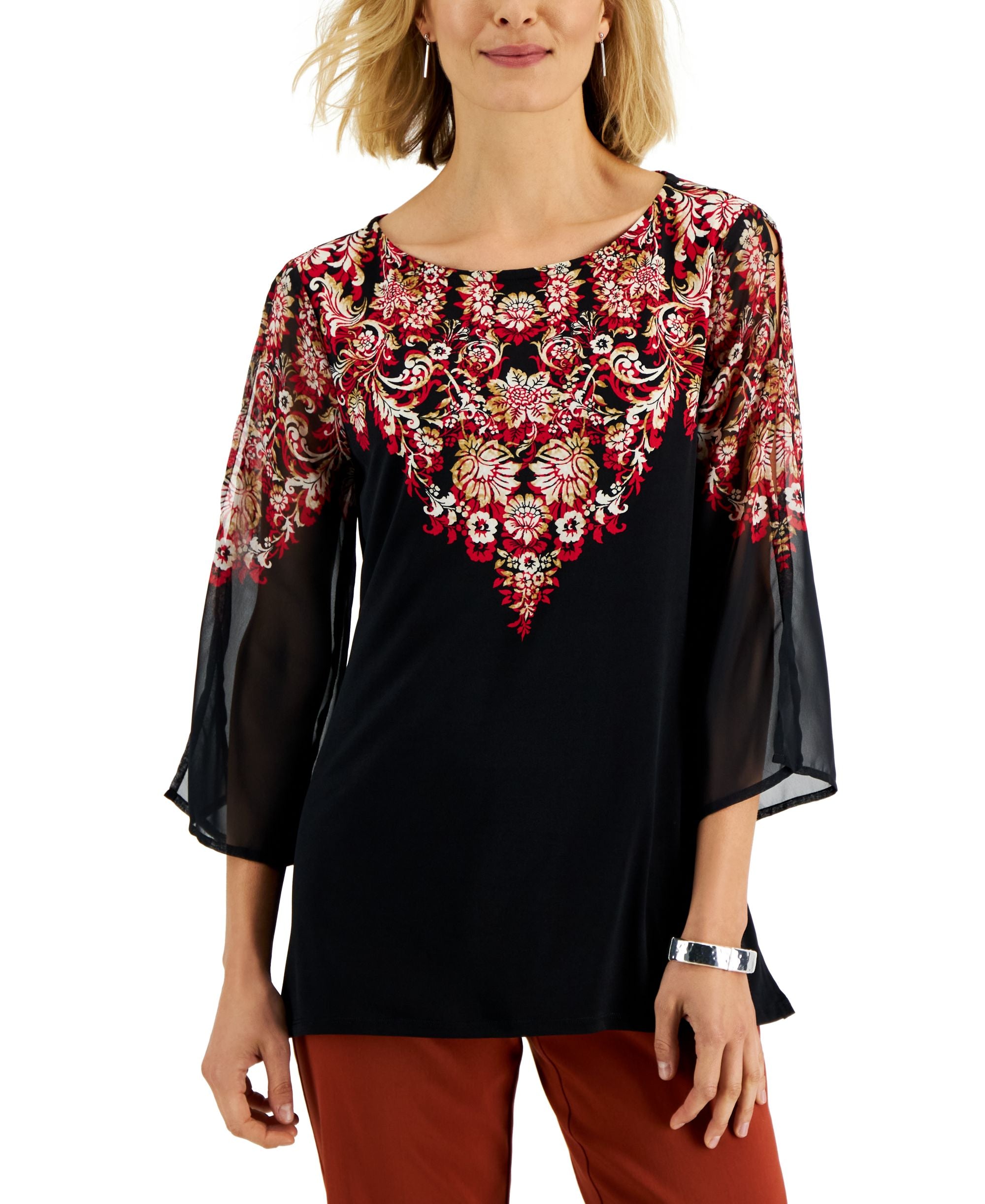 JM Collection Womens Floral Embellished Flared Sleeve Top