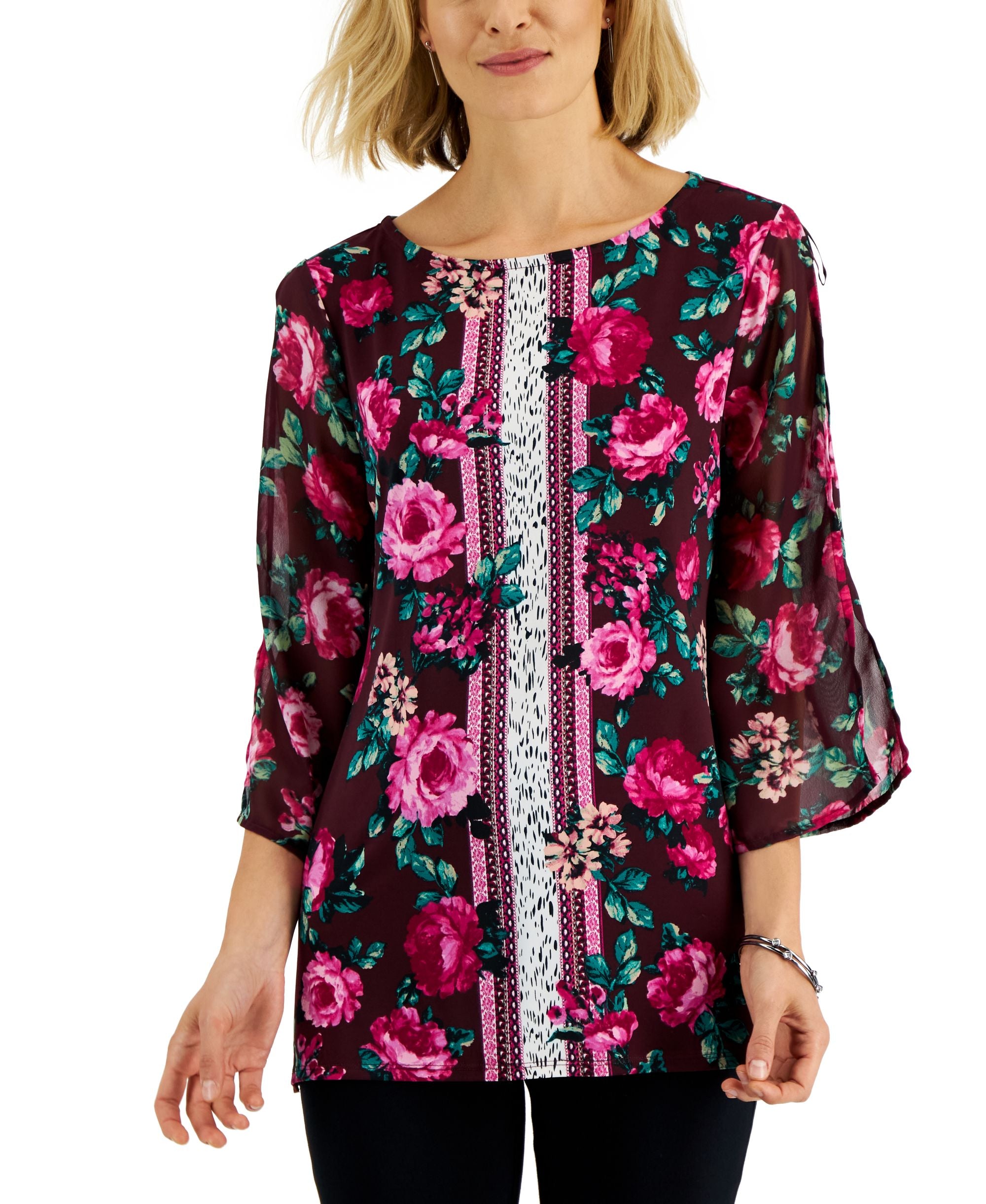 JM Collection Womens 3/4 Sleeve Mixed Print Tunic