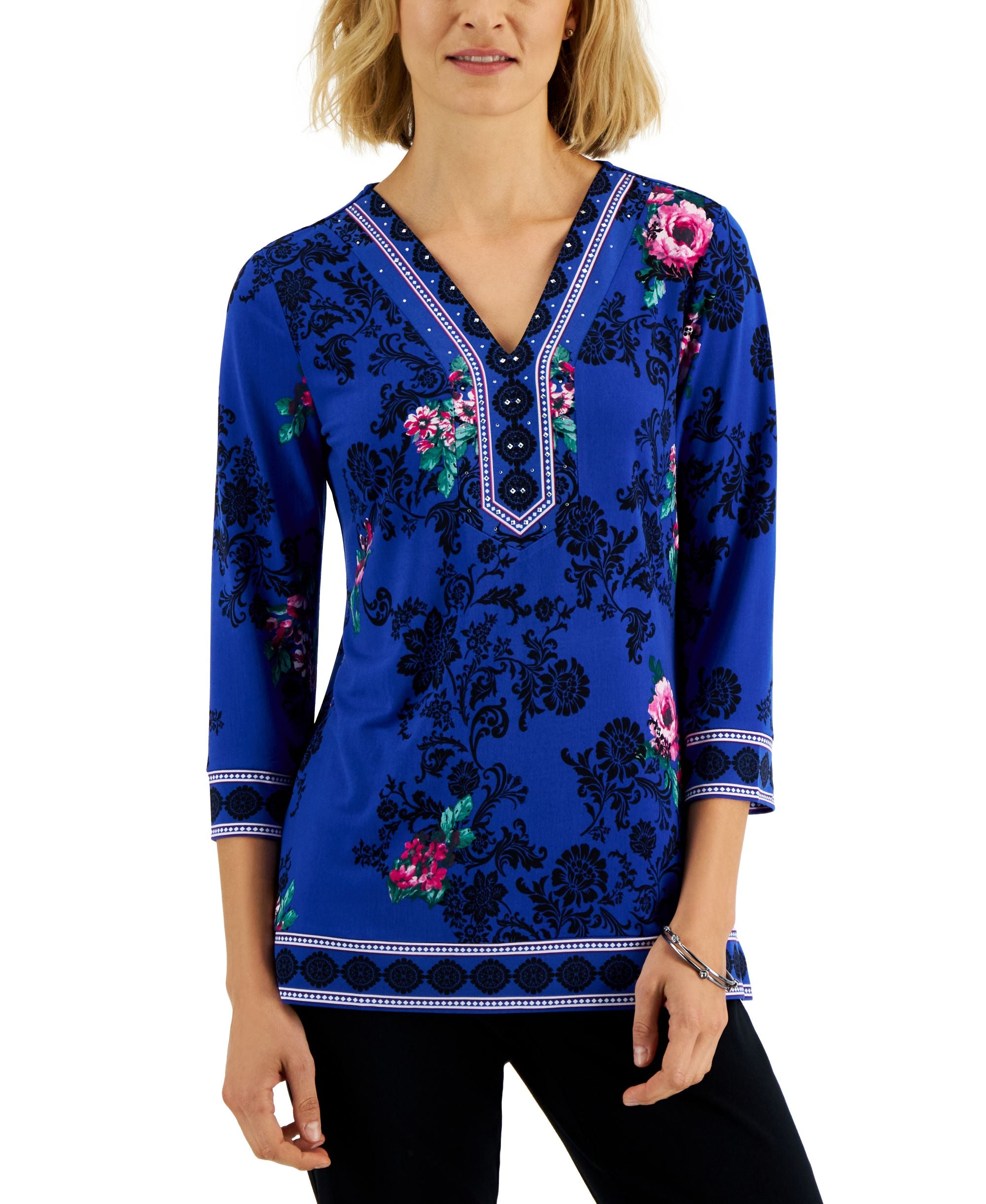 JM Collection Womens Floral Rhinestone Trim Tunic