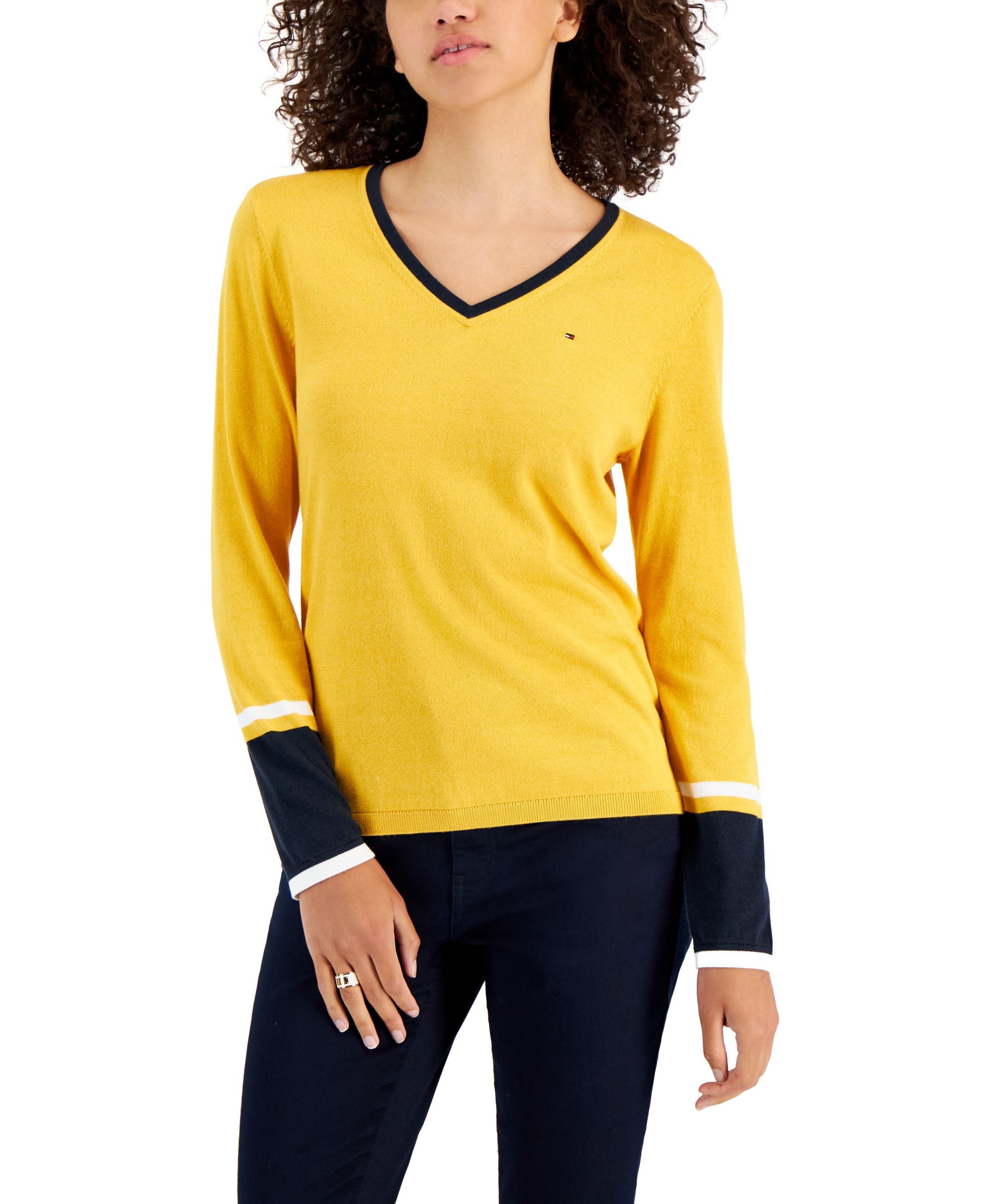 Women's Ivy Cotton V-Neck Tipped Sleeve Sweater