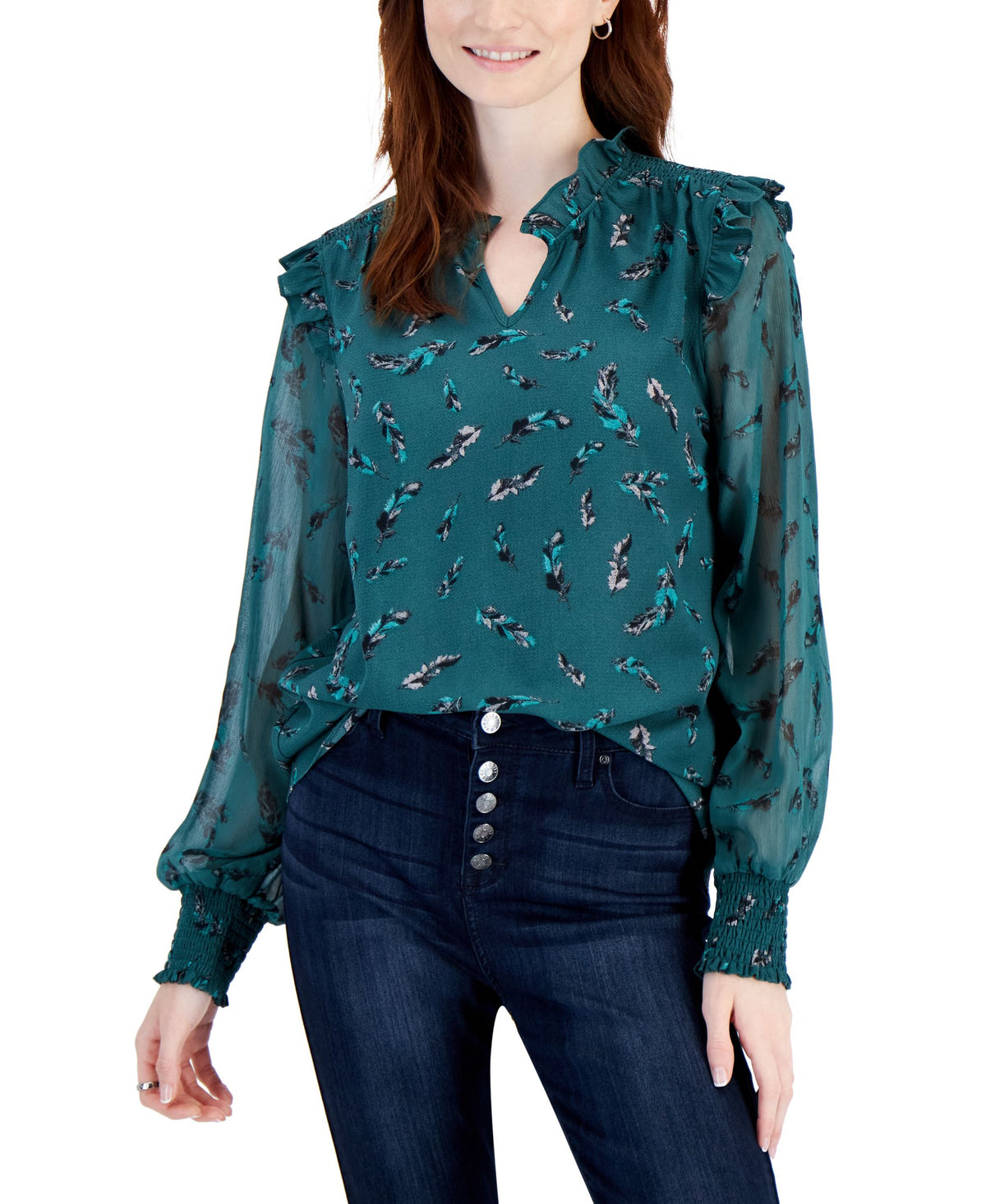 Fever Womens Smocked Cuff Split Neck Top